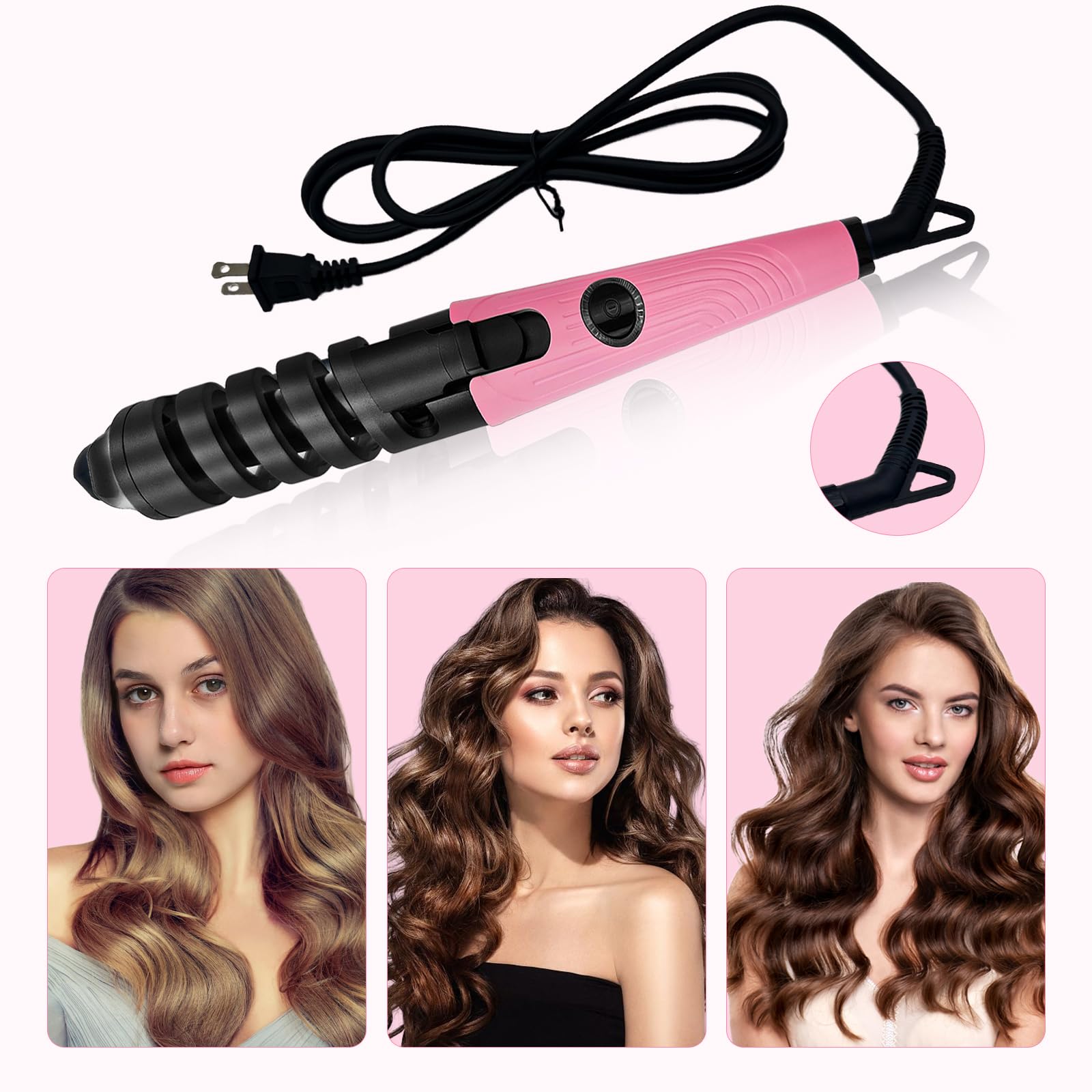 Rizador de cerámica antiquemaduras, rizador portátil, rizador automático en espiral para mujer, rodillos de calentamiento rápido sin quemaduras, adecuados para peinar el cabello largo y corto (rosa 01