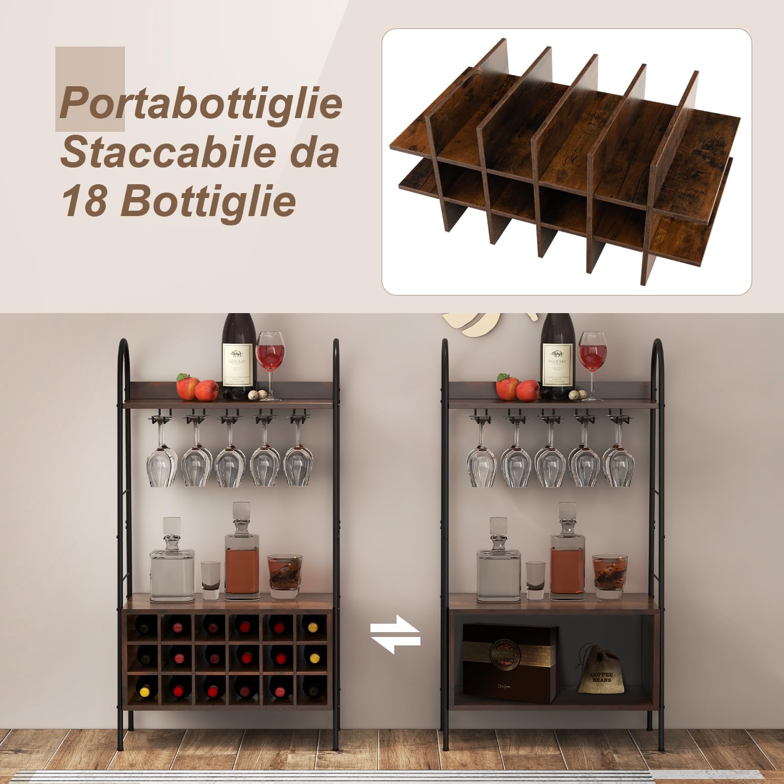 GYMAX Portabottiglie di Vino da Terra per 18 Bottiglie e 15 Calici, 63 x 32 x 114,5 cm, Cantinetta Vino, Portabottiglie Staccabile, 2 Ripiani Aperti, Scaffale Porta Vino per Casa Bar, Marrone