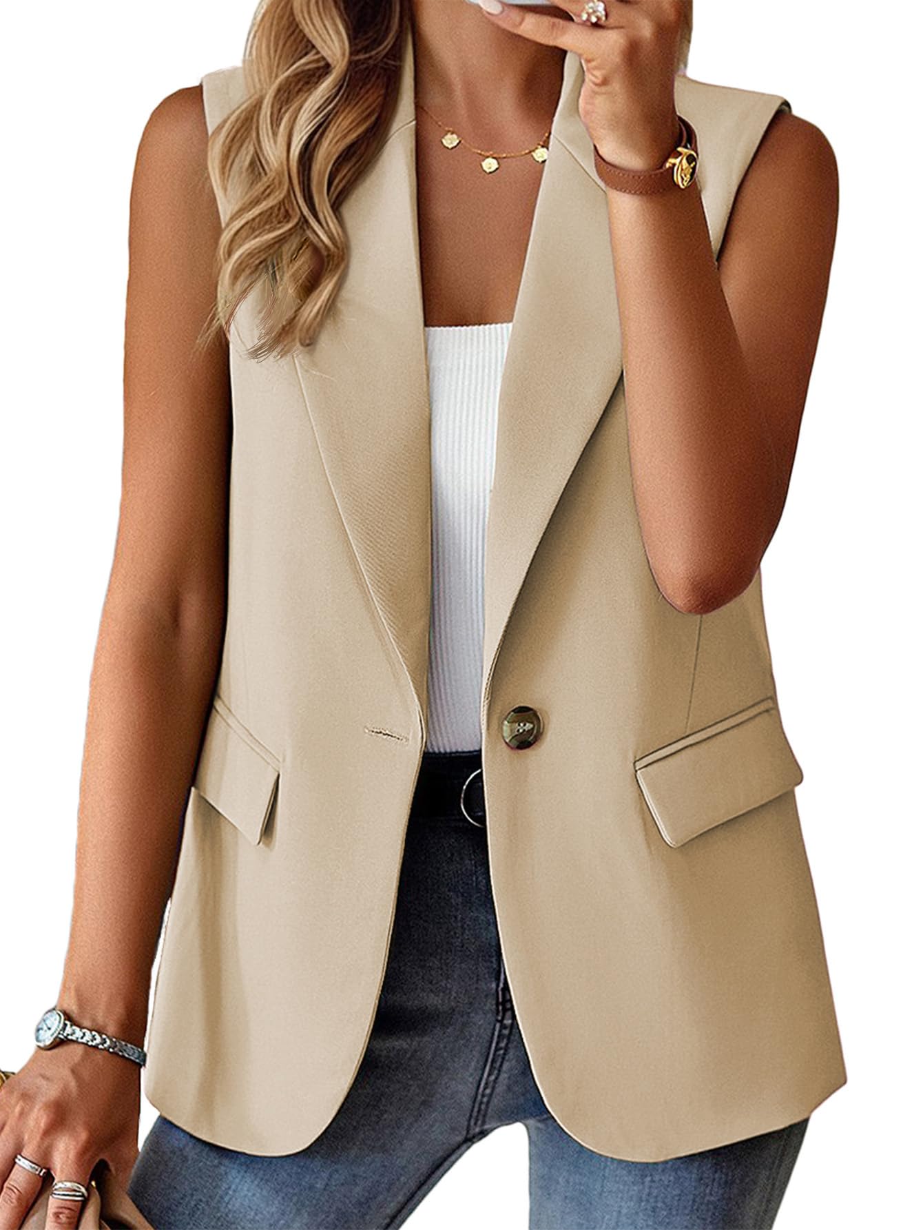 Mina Self 2025 Women's Sleeveless Vest Tops - Lightweight Fully Lined Button Fashion Casual Work Office Blazers with Pockets