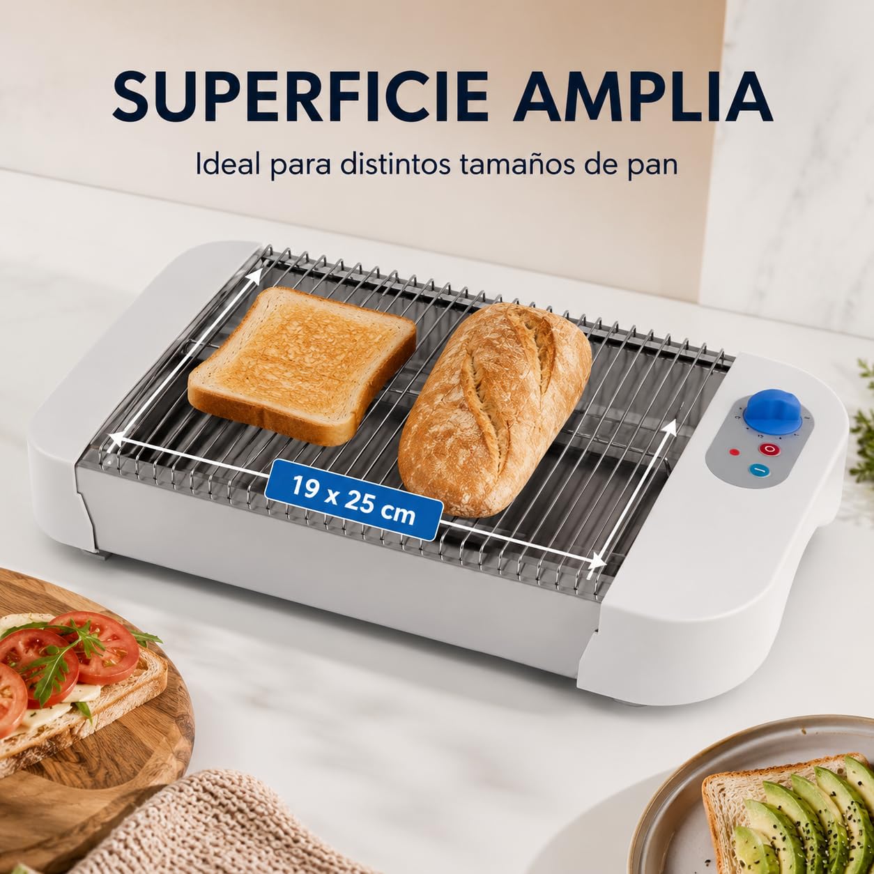 Tostadora de Pan Plana Horizontal 600 W, Cuarzo, 6 Niveles, 19 x 25 cm
