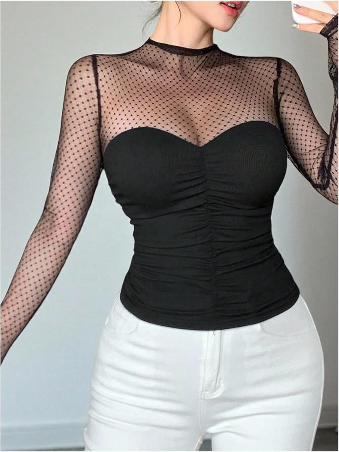 OYOANGLE Women's Polka Dots Mesh Patchwork Long Sleeve Tshirts Mock Neck Ruched Fitted Tops - Image 3