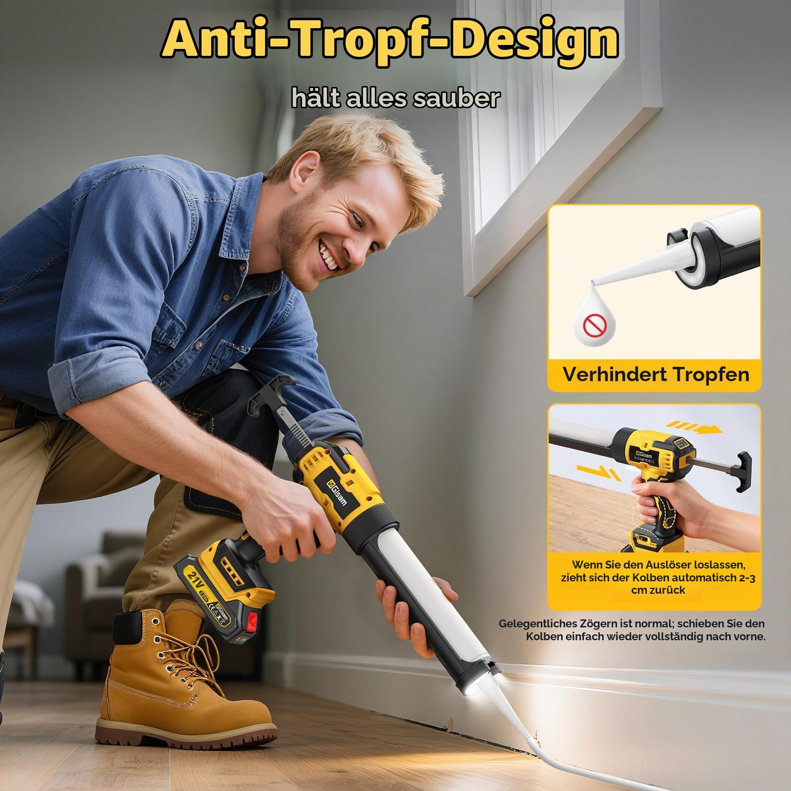 GISAM Akku-Kartuschenpistole Kompatibel mit Makita 18V Akku, 6 Geschwindigkeiten, Max 1100Lb,2Ah & LED-Licht, Akku Silikonpistole Mit 27 Spezialzubehörteile FüR 150-310 ml-Kartuschen