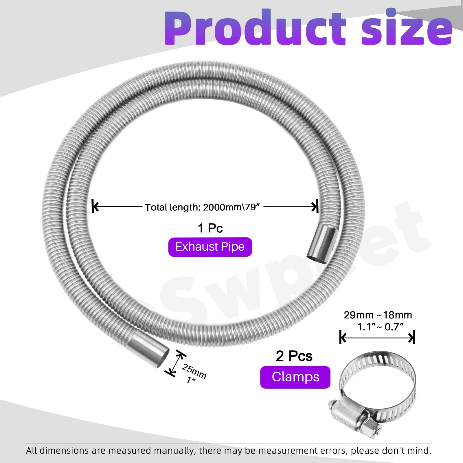 Swpeet 3 pezzi 1"" x 79"" - 25mm x 200cm acciaio inox Diesel riscaldamento tubo di scarico con 18mm-29mm Kit flange per tubo, serbatoio carburante aria riscaldamento tubo di scarico per auto, S4014