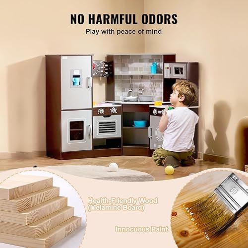 Miniatura 4 de VEVOR Juego de cocina interactivo de madera para niños con luces y sonidos, diseño de esquina con máquina de hielo, horno, fregadero, reloj,