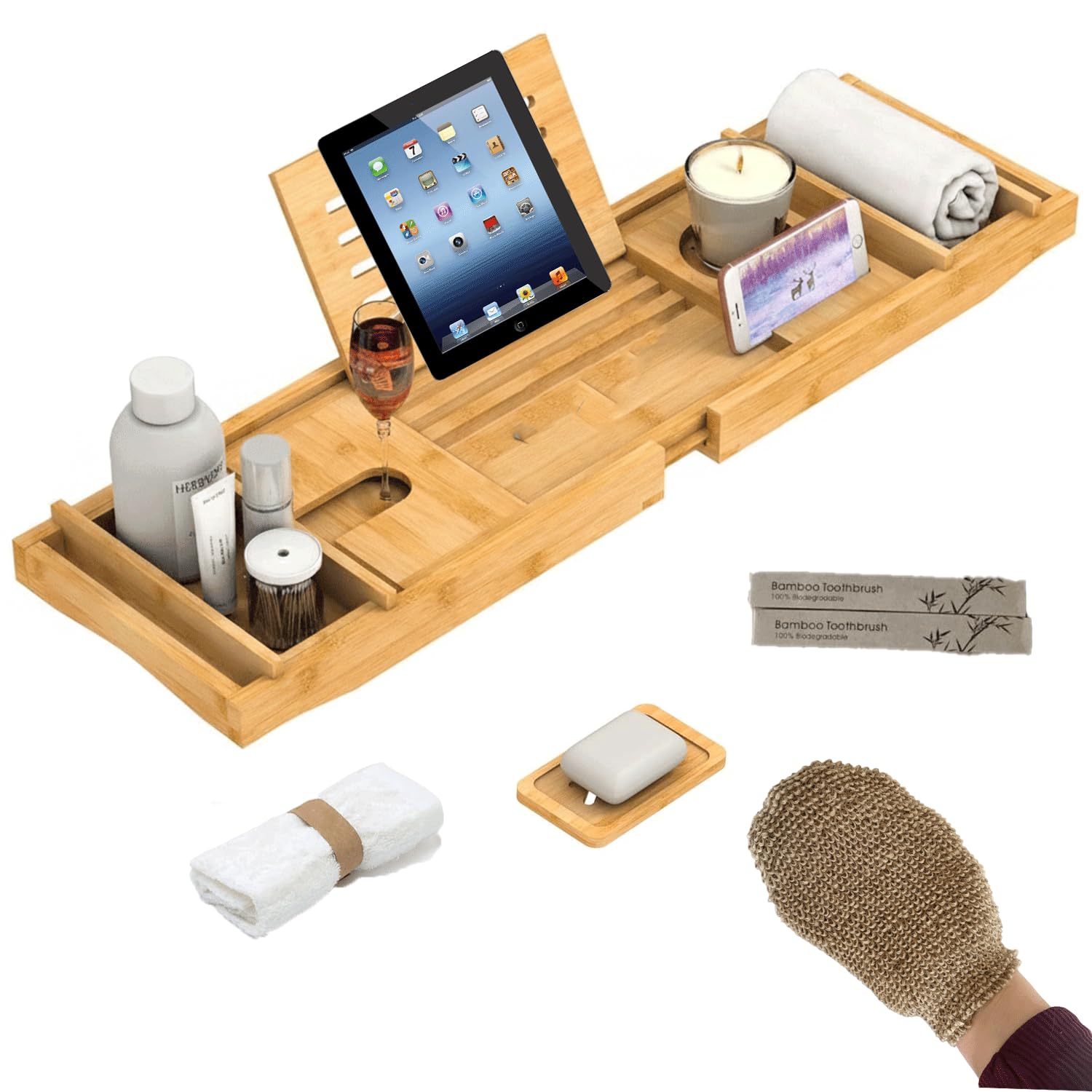 Large Wooden Bath Tray with Exfoliating Glove,75×23cm Bamboo Bath Caddy with Wine Glass, Book & Phone Holder, Expendable Bath Shelf with Face Towel, Foldable Bath Board Tray for Spa Relaxing