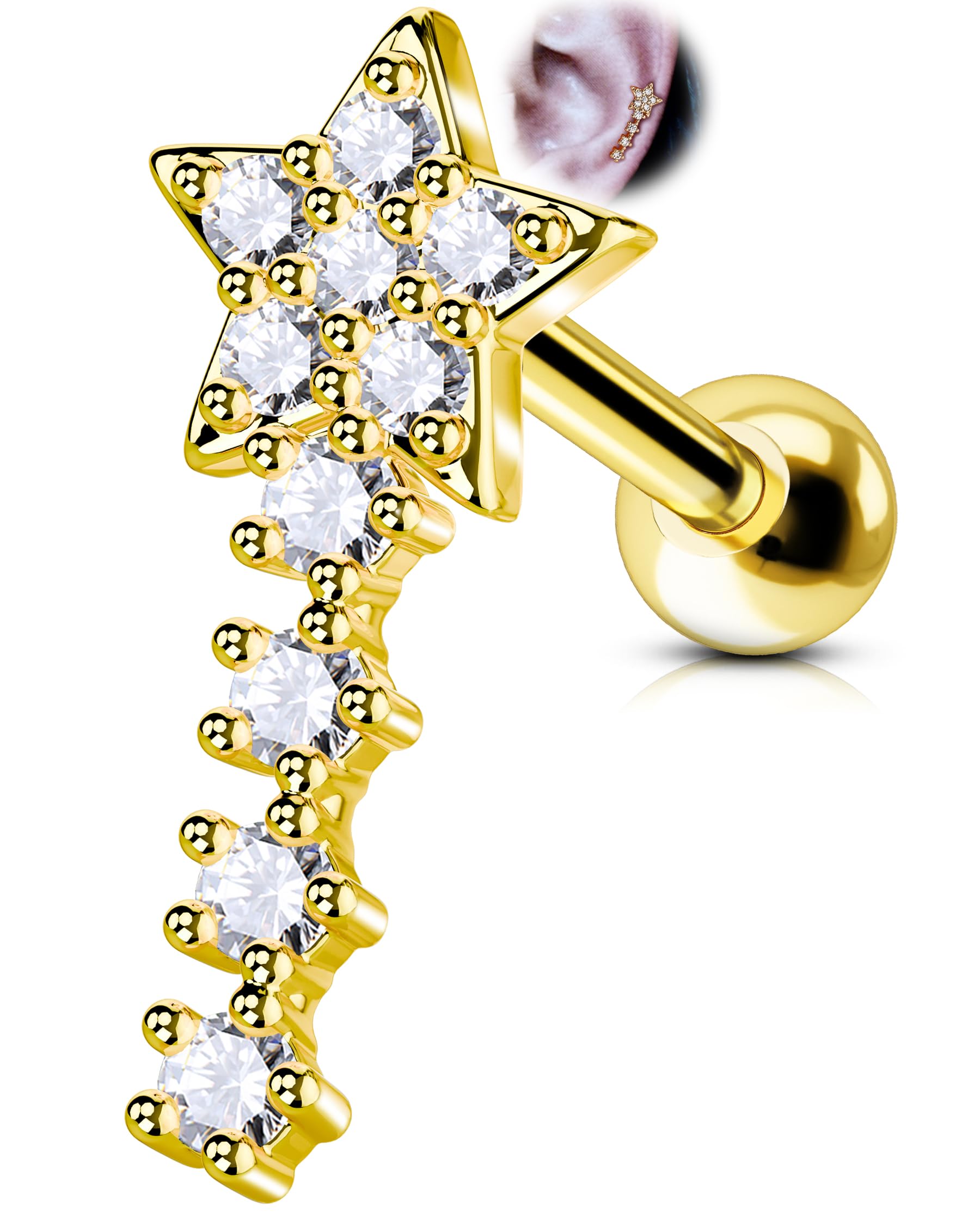 Conch Piercing Jewellery 16G Helix Stud Star 316l Surgical Steel Cartilage Earrings Stud Silver Gold 8mm Tragus Piercing Clear CZ Forward Helix Jewelry for Women