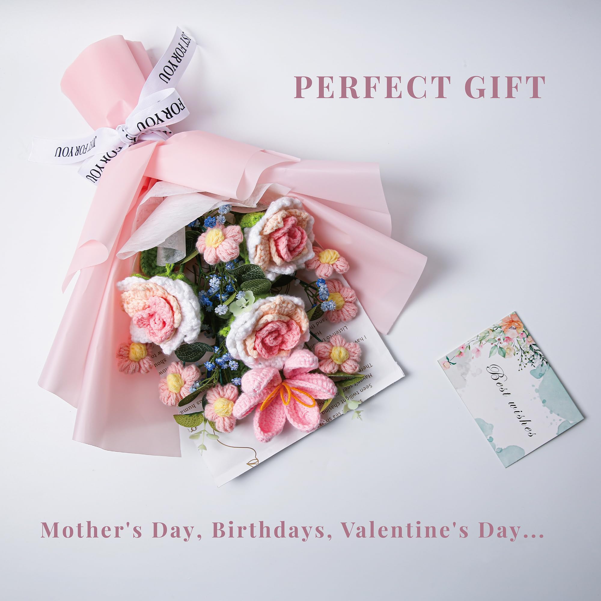 EZsenses Bouquet de fleurs au crochet – Roses tricotées à la main pour décoration d'intérieur, avec sac cadeau et carte de vœux