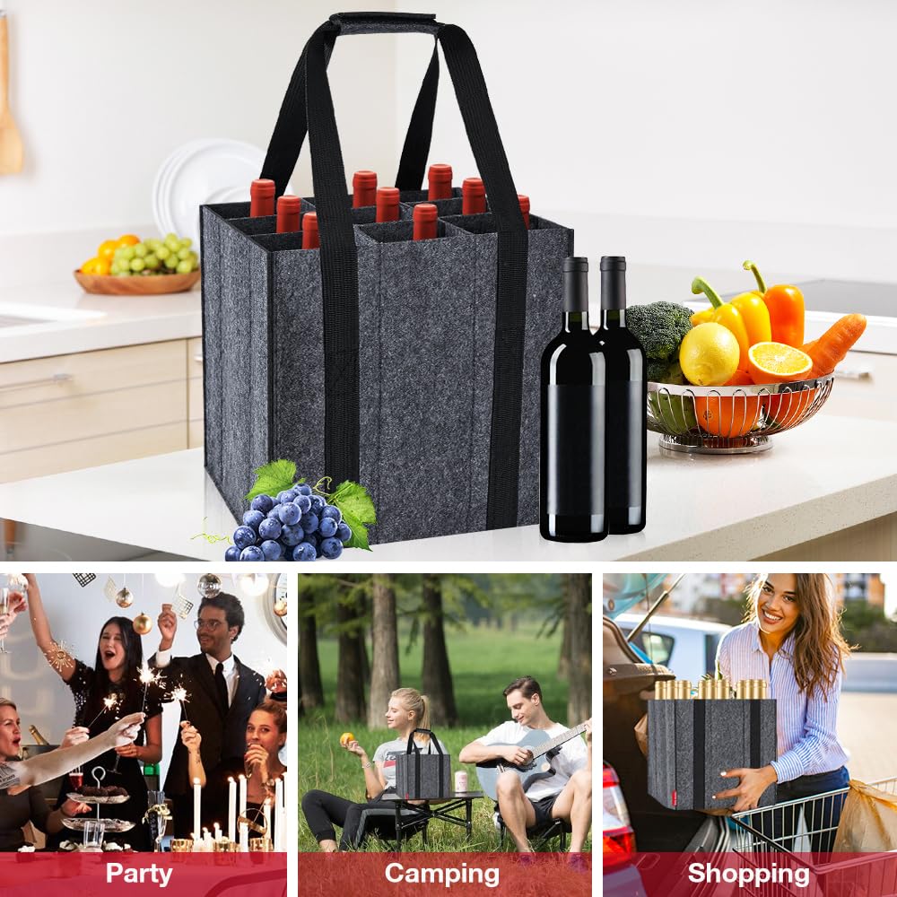Eurhomewit Borsa per Bottiglie Vino Acqua in Feltro, 9 Scomparti Borse Porta Vino Portabottiglie, Borsa Trasporto per Vino Bottiglie in Vetro 1,5 litri, Riutilizzabile - Nero