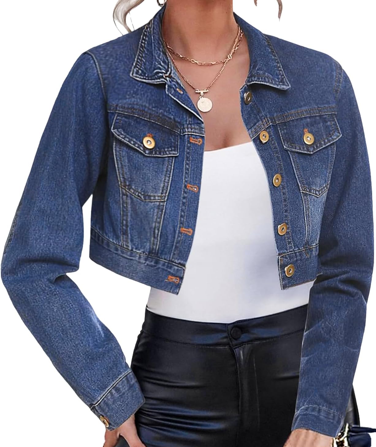 Women's Cropped Denim Jean Jacket Button Down Frayed Washed Long Sleeve Casual Jacket Coats