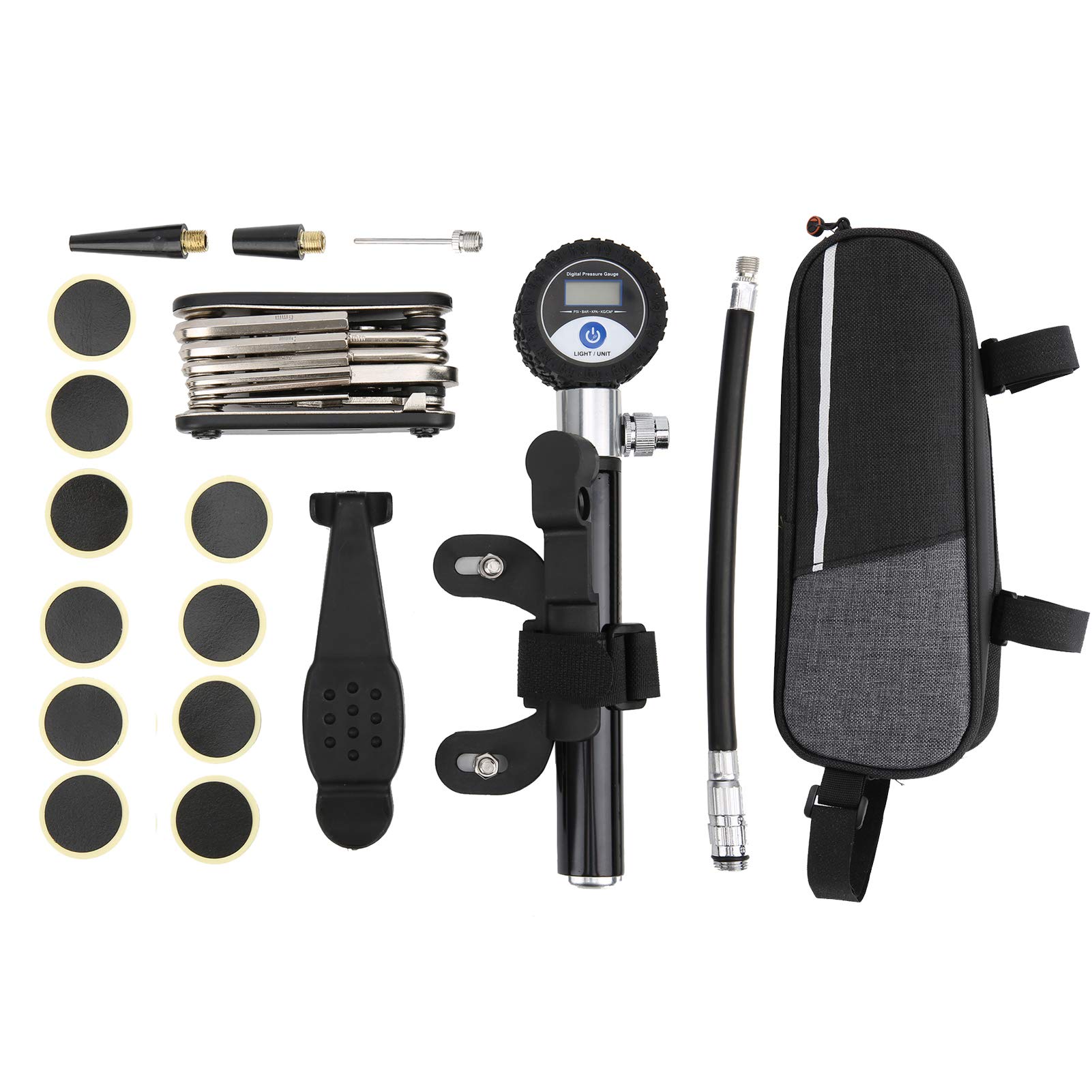 Kit di Attrezzi Portatili per Riparazione Pneumatici per Bici con Pompa Digitale da 120 PSI e Strumento Multifunzione 16 in 1 - Set di Manutenzione di Emergenza per Bici da