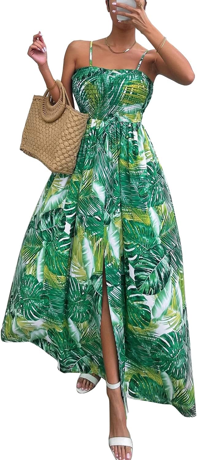 Women Dress Casual Elegant Bohemian Maxi Floral Print Spaghetti Strap Bandeau Sleeveless Beach Shirring Split Wrap Dress