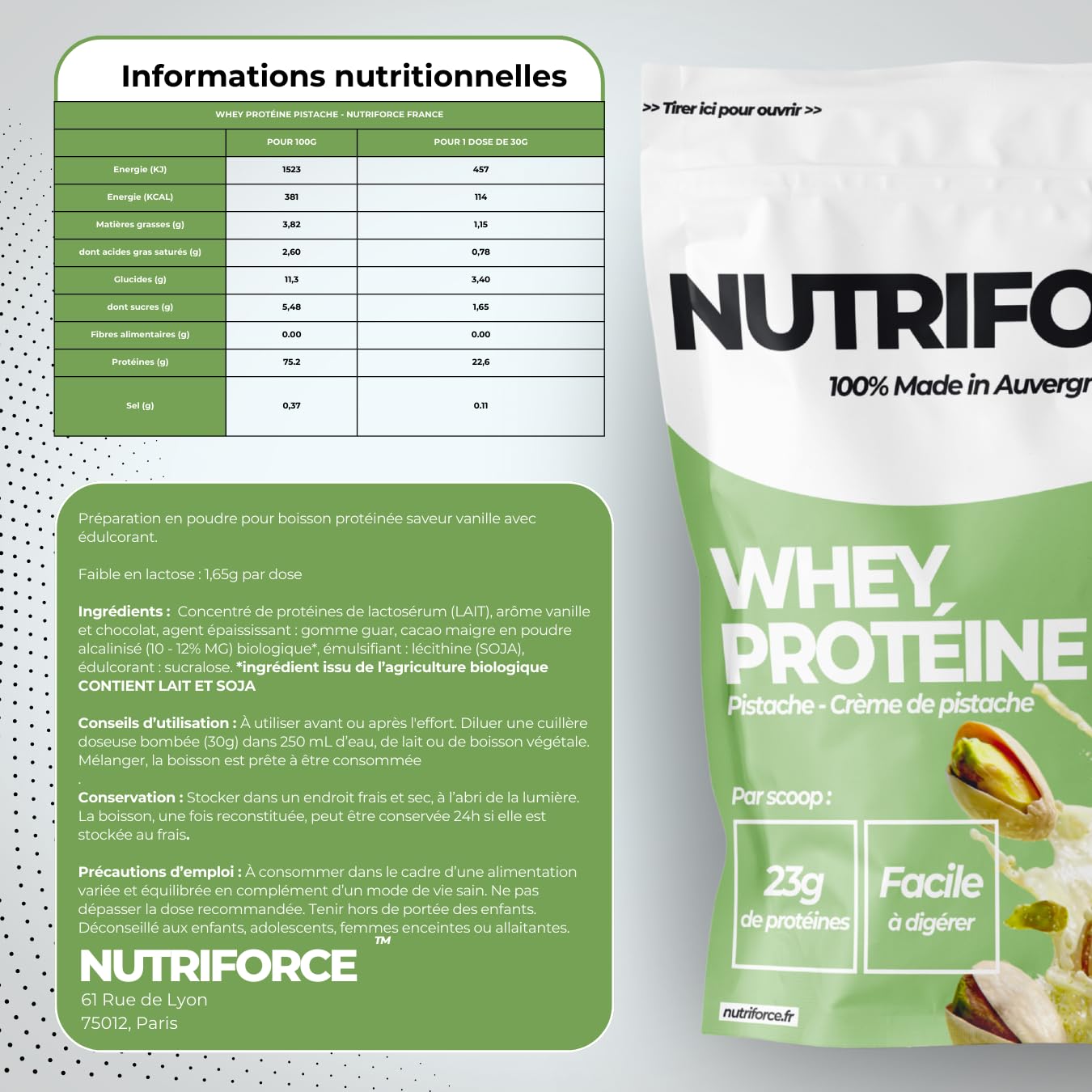 Whey Protéine Pistache Onctueux – Muscles et Récupération – Fabriqué en France
