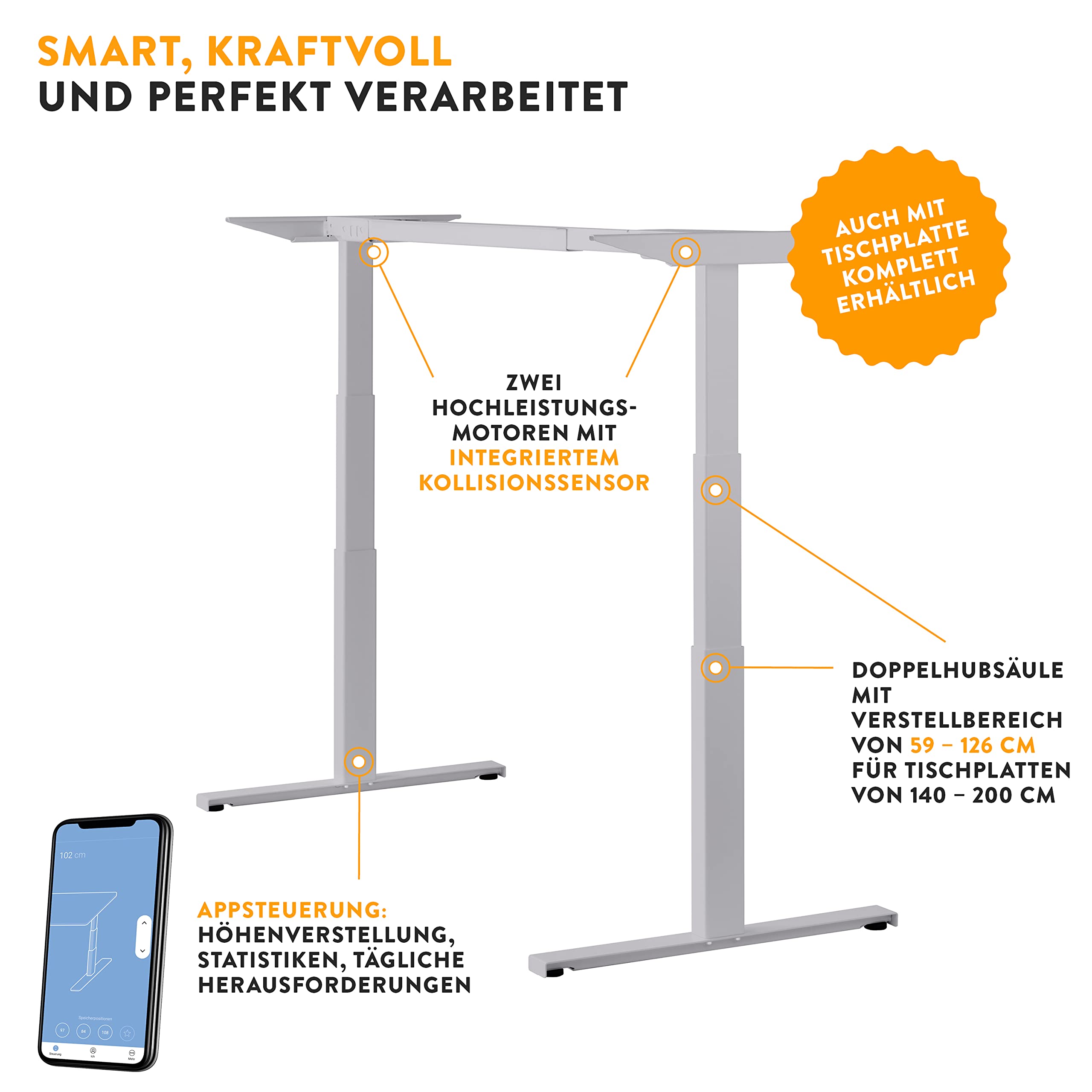boho office® EASYDESK Line elektrisch stufenlos höhenverstellbarer Schreibtisch mit gratis APP-Steuerung, hochsensiblen Kollisionsschutz und Soft-Start/Stop – Easydesk Silber