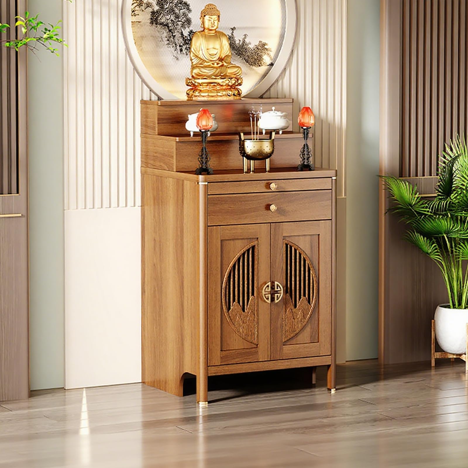 Personal Shrine Altar Table, Solid Wood Buddhist Altar with Drawer & Storage, Chinese Buddha Niche Cabinet for Home, Office (Light Walnut, 27.2 * 23.6 * 50in)