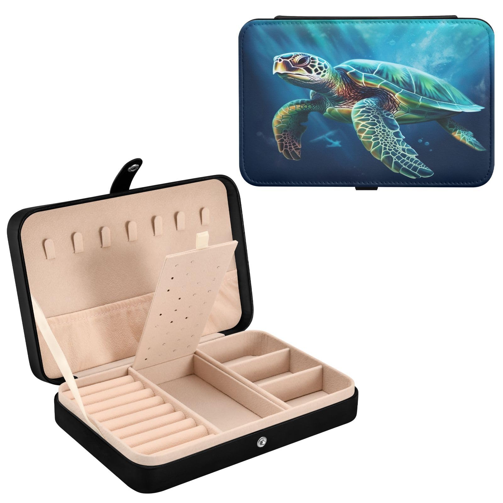 Haskirky Sea Turtle Jewelry Box Portable PU Leather Travel Jewelry Organize for Women Jewelry Storage Display Holder for Ring, Necklace, Earring