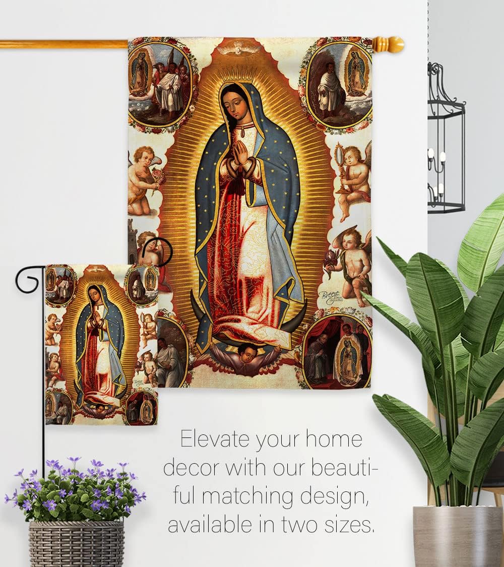 Our Lady of Guadalupe Flag Pole Set Wooden Dowel with String Nativity Decorations Christian Tapestry Hardware Inspirational Faith Banner Elephant Winter Merry Xmas Holy Religious Gifts For Grandma Made in USA
