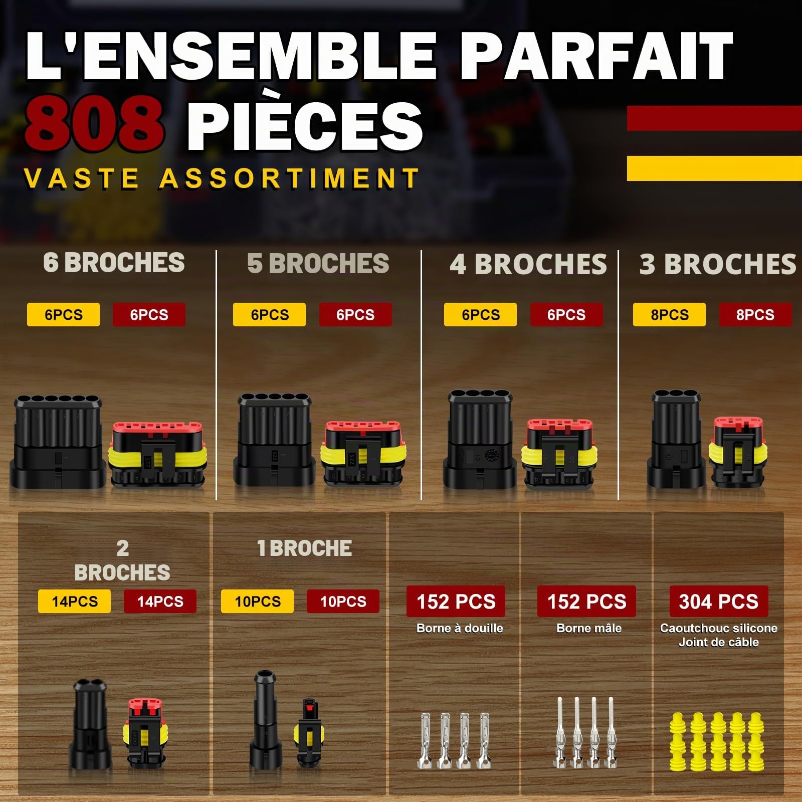 moveland Connecteur Automobile 808PCS - Connecteur Électrique Automobile Rapide 1/2/3/4/5/6 Pôles avec Pince à Sertir - Compatible Voiture, Camion, Moto (Diamètre de Câble: 1,5 mm², 300 V, 12 A)