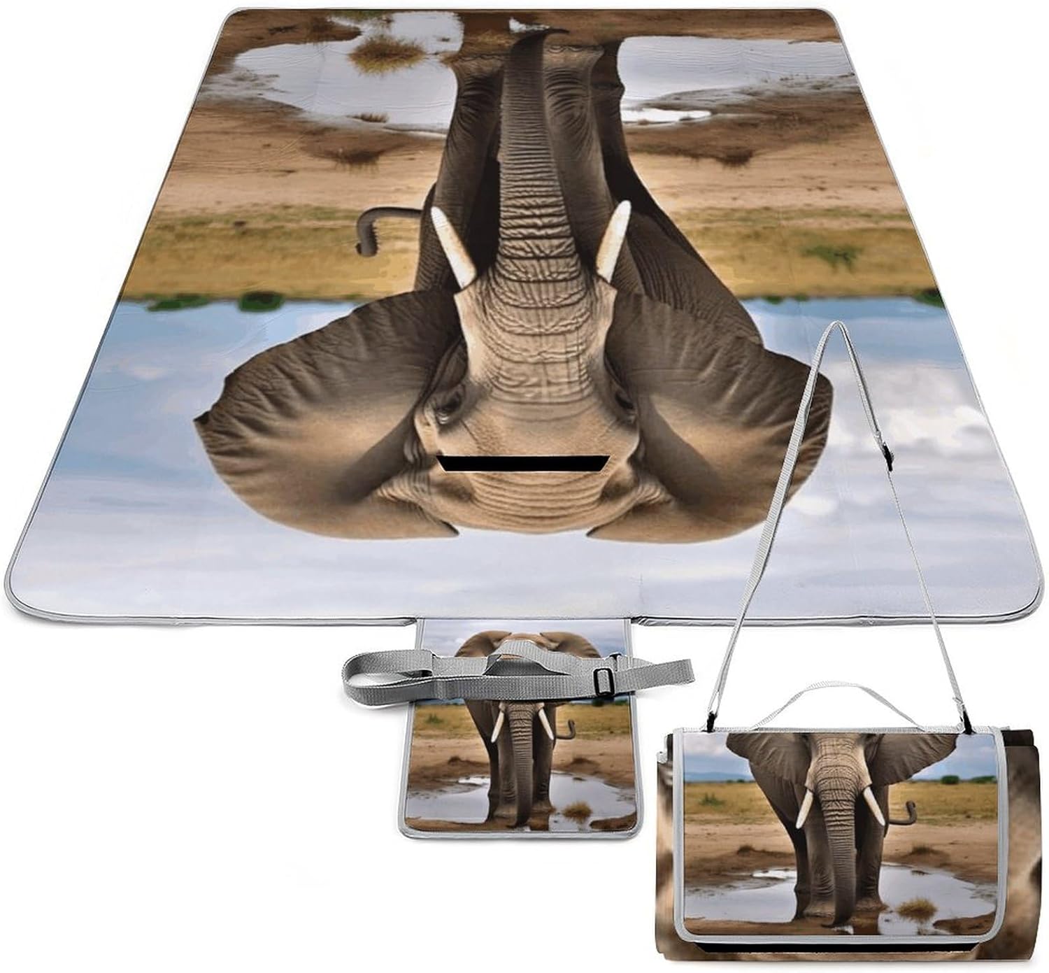 African Wild Animals Elephant Waterproof Picnic Blanket 58.3''x58.3'',Portable and Foldable Picnic Mat with Handle,Outdoor Blankets for Lawn Park Beach Travel