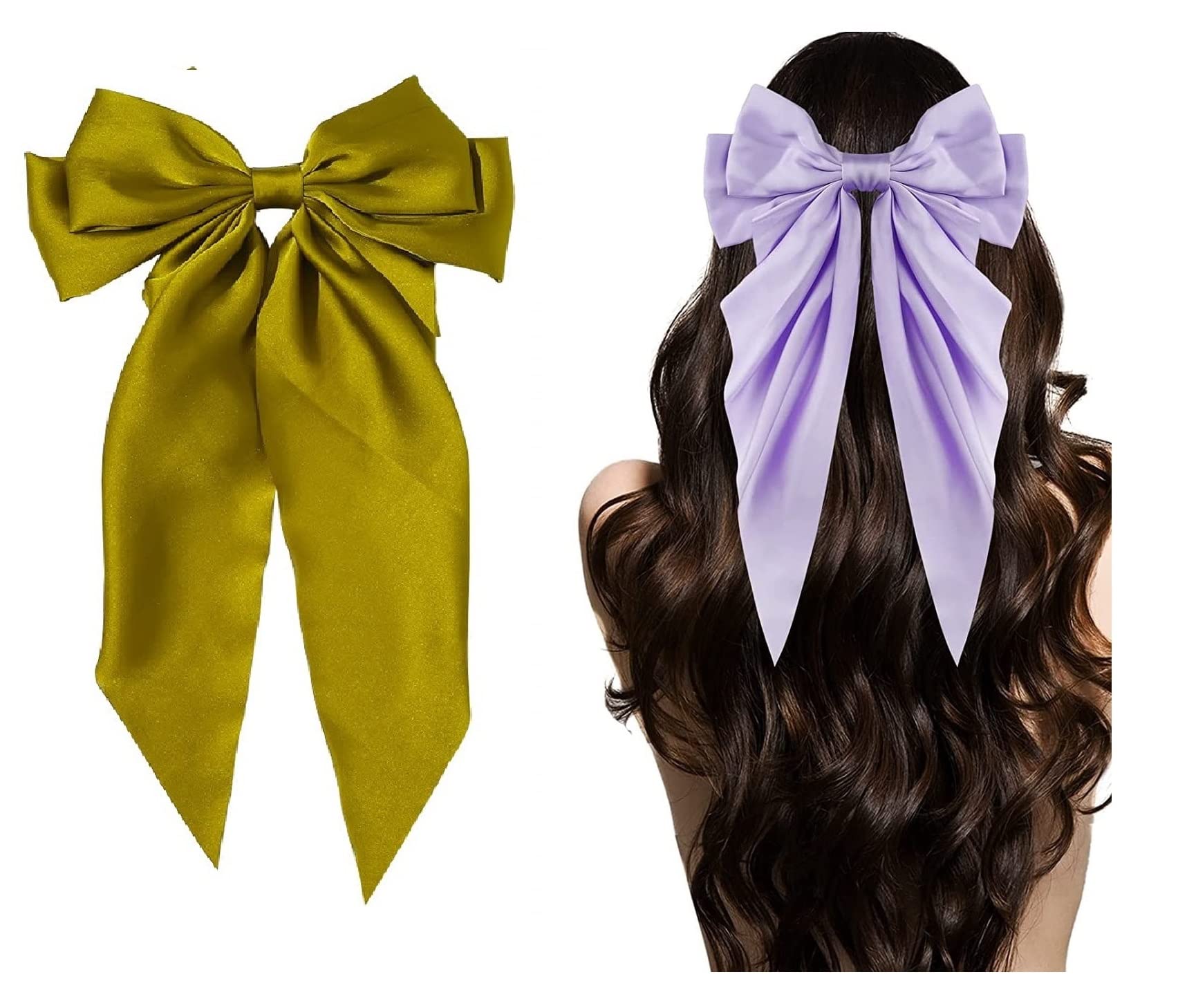 M T BROTHERS - 1 PIECE Big Satin Layered Hair Bows for Women Girls 11 Inch Barrette Hair Clip Long Black Ribbon Bows French Style Hair Accessories (11 IN, YELLOW) 2