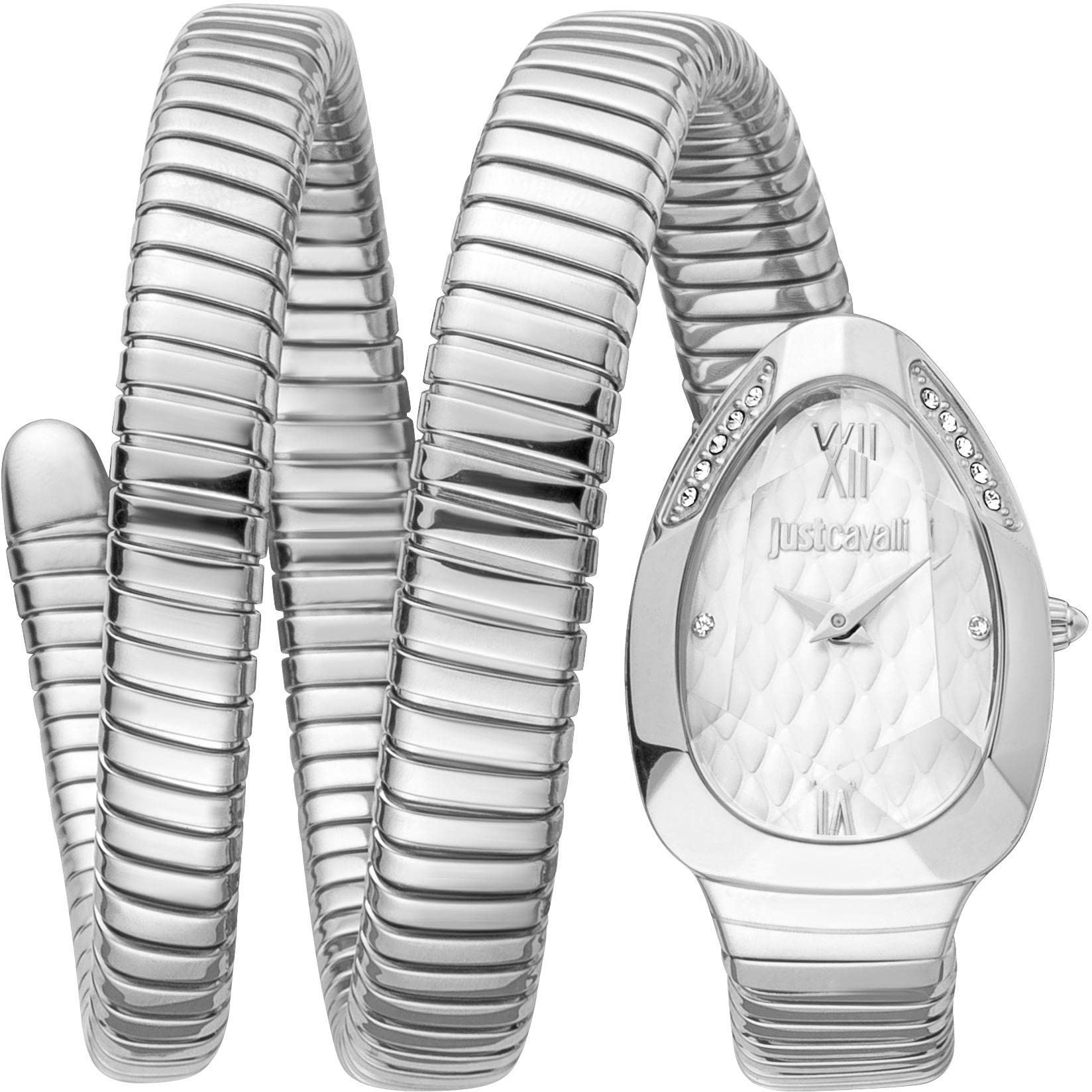 Just CavalliSnake Women Watch, Silver Color Case, Silver Dial, Stainless Steel Metal Bracelet, 2 Hands, 3 ATM - JC1L224M0015