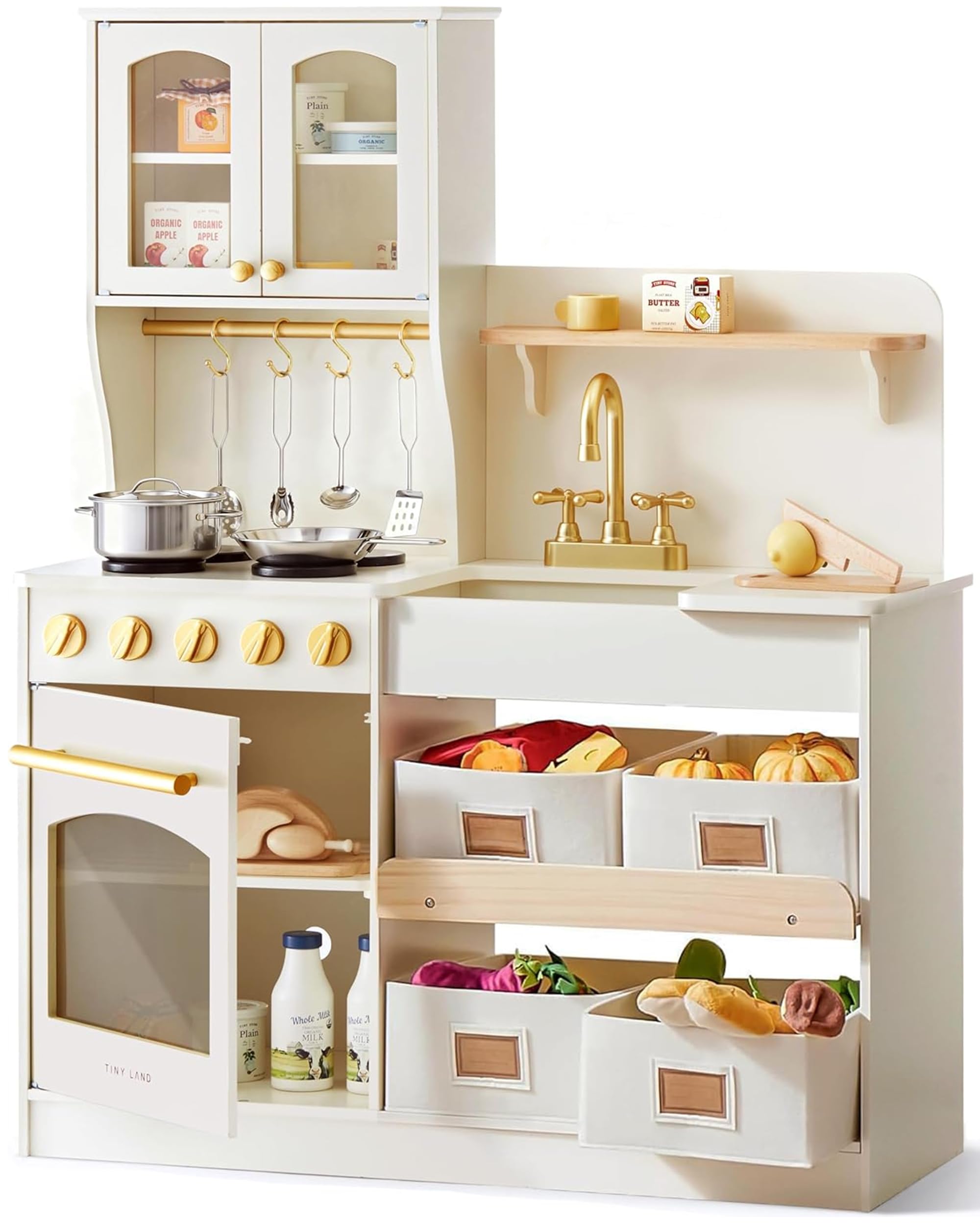 Tiny Land Play Kitchen for Kids, Wooden Play Kitchen with Toy Storage System, Toy Kitchen Set with Plenty of Play Features, Kids Play Kitchen Designed, Gift for Ages 3+