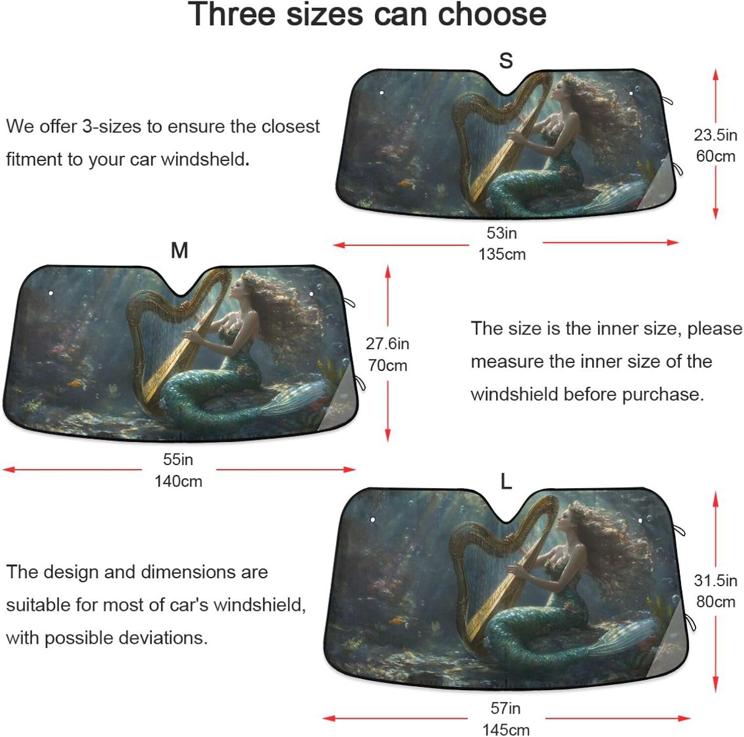 Windshield Sun Shade Music Mermaid Print for Car, Aluminum foil Layer Reflective Sun Visor for SUV Sedan Large Size