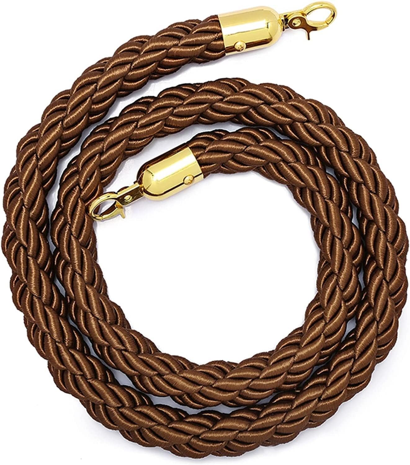 Gold Plated Stainless Steel Snap Hook Twisted Queue Barrier Rope, 5 Ft for Events & Theatres - Durable Brown Stanchion Rope for Crowd Control & Queue Management