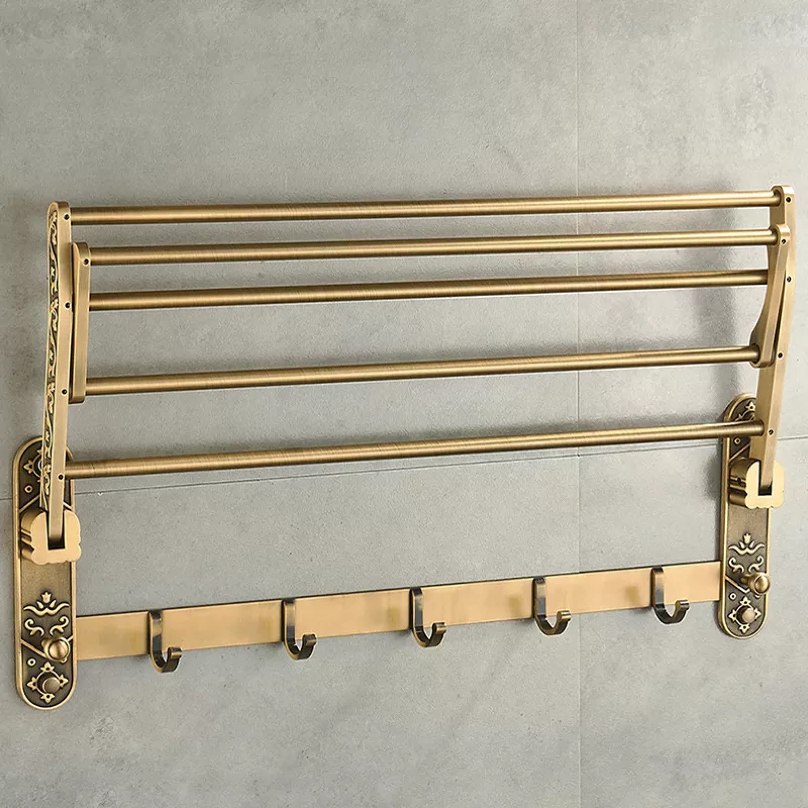 Portasciugamani pieghevole in ottone anticato, senza chiodi, doppio ripiano con ganci per riporre il bagno, accessori da bagno eleganti per asciugamani e altro ancora