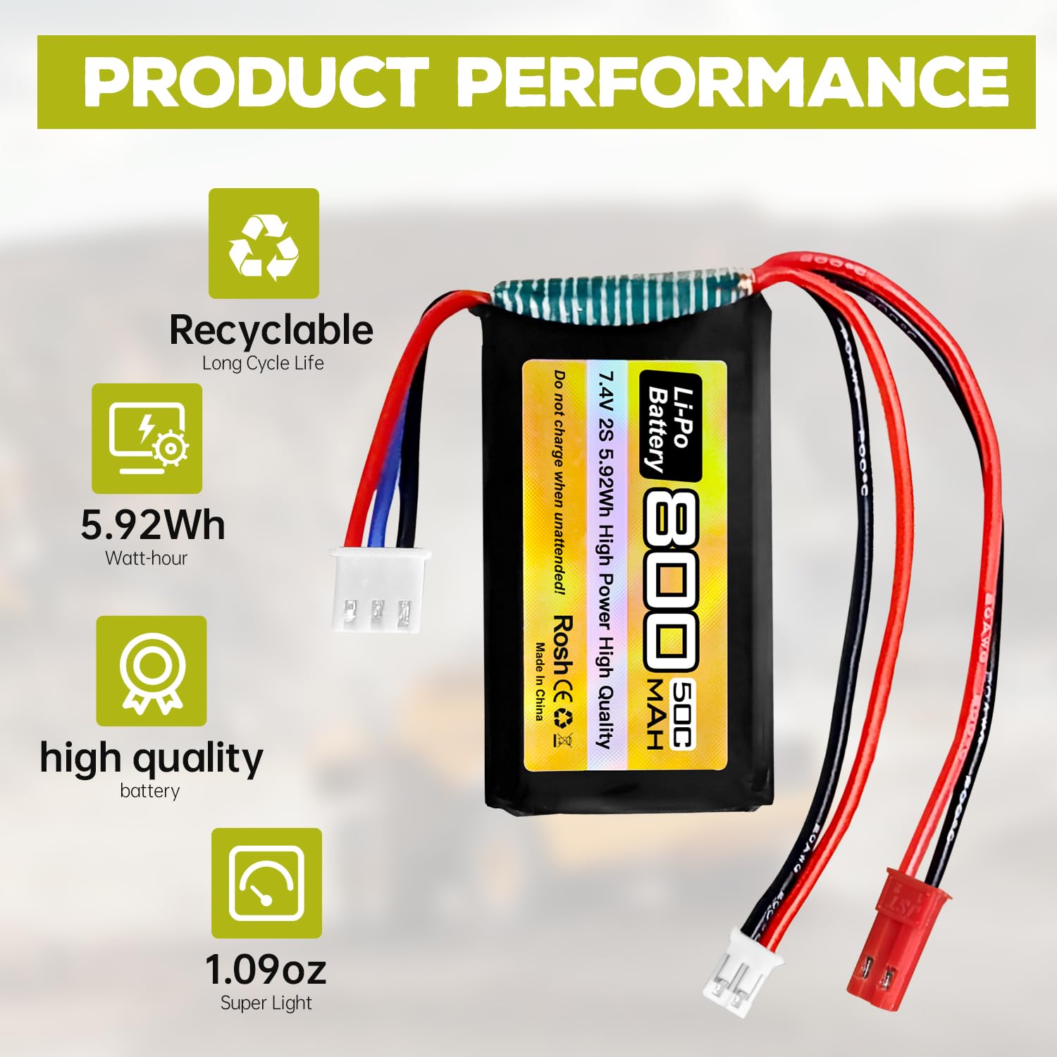 1PCS 7.4V LiPo 2S 50C 800mAh with JST Plug and PH2.0 with USB Charging