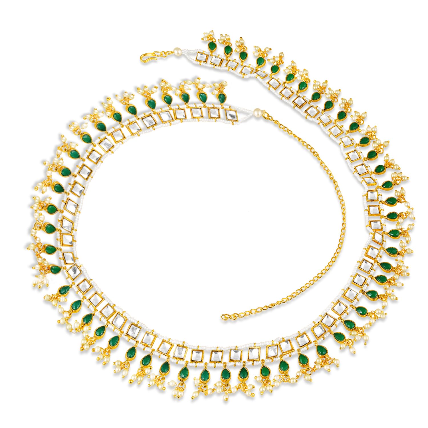 Gold Plated Green Faux Emerald & Lariya Studded Stylish Belly Chain Kamar Band Ethnic Jewellery for Women-image-36