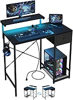 X-cosrack 33.5" Compact Gaming Desk with RGB LED Lights, Power Outlets, Monitor & CPU Stand - Small Computer Desk for Bedroom Office Black