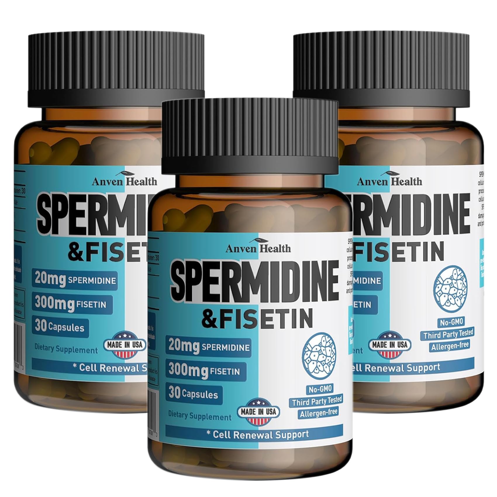Spermidine & Fisetin Supplement - 20mg of 99% Spermidine Per Serving, 3HCL & 300mg Fisetin for Women Men Cell Renewal, Aging Defense & Longevity, Gluten Free, Non-GMO, Made in USA | 90 Veggie Caps