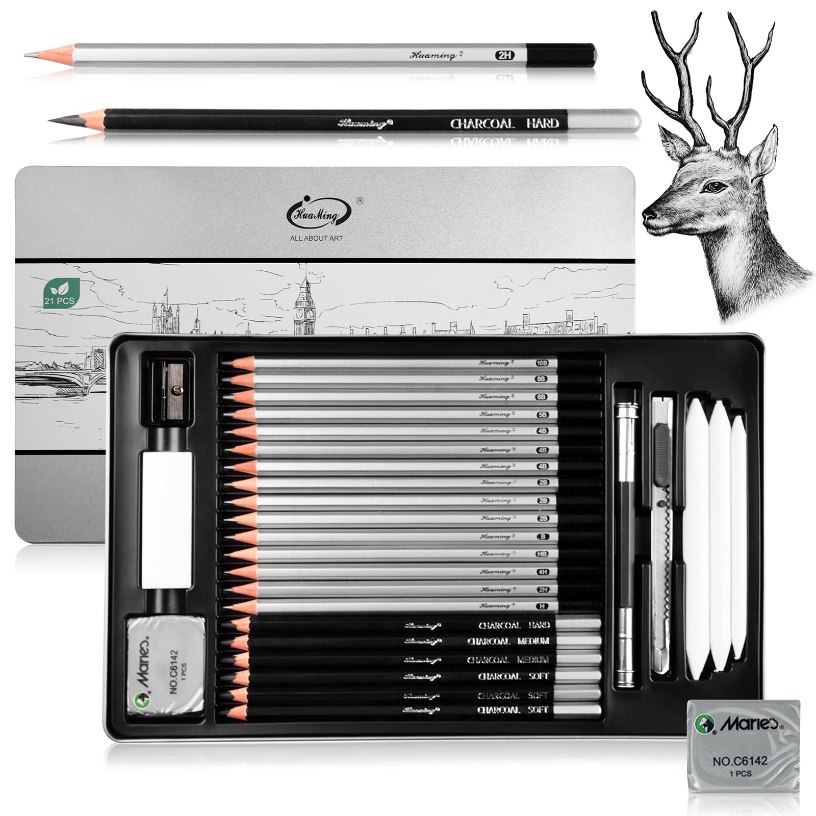 Surcotto Bleistift Set, 21 Bleistifte Set mit 1 Anspitzer 2 Radiergummis 1 Stift-Extender 3 Papierwischer, Professionelle Zeichenset für Anfänger, Metalletuis, Inhalt 10B - 4H, insg. 30 er