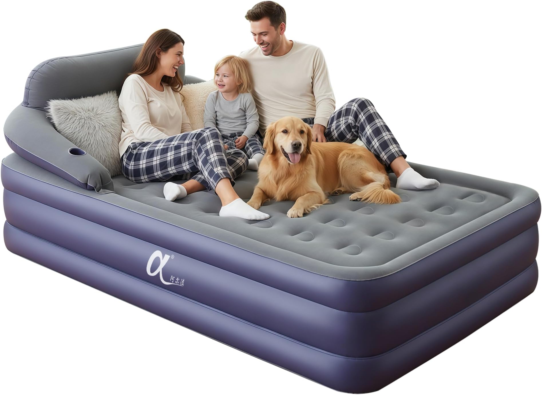 A-ER-FA Queen Size Air Mattress with Headboard, 3 Mins Fast Inflate/Deflate Inflatable Airbed, 20 Inches High Blow Up Bed with Comfortable Flocked Top for Home Guest Travel Camping. Air Pump Included