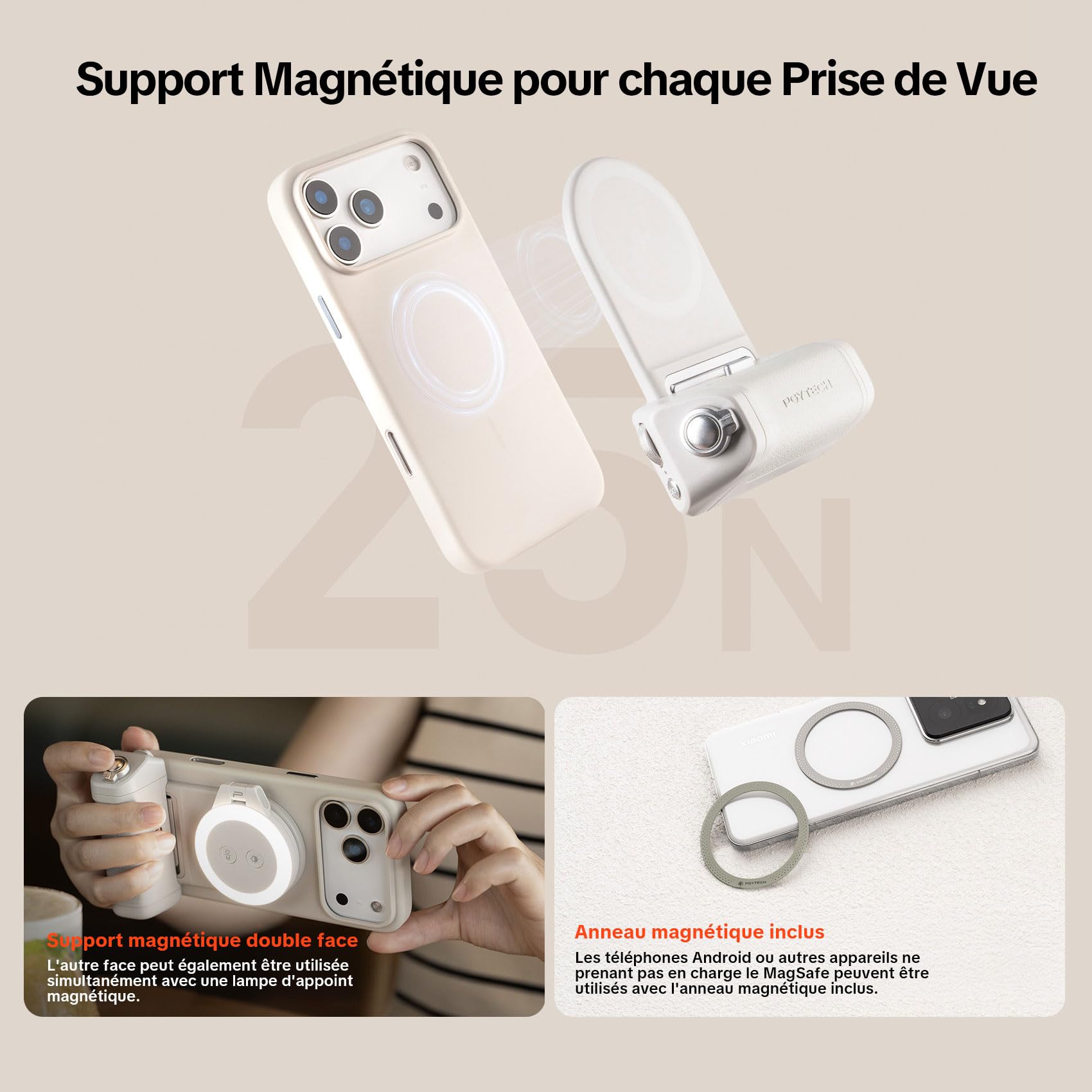 PGYTECH MagCam 2 Poignée pour Smartphone, Kit Modulaire 3-en-1, Télécommande Bluetooth, Poignée de Charge et Support MagSafe sans Fil, pour iPhone 12–17/Android 14 (Noir)