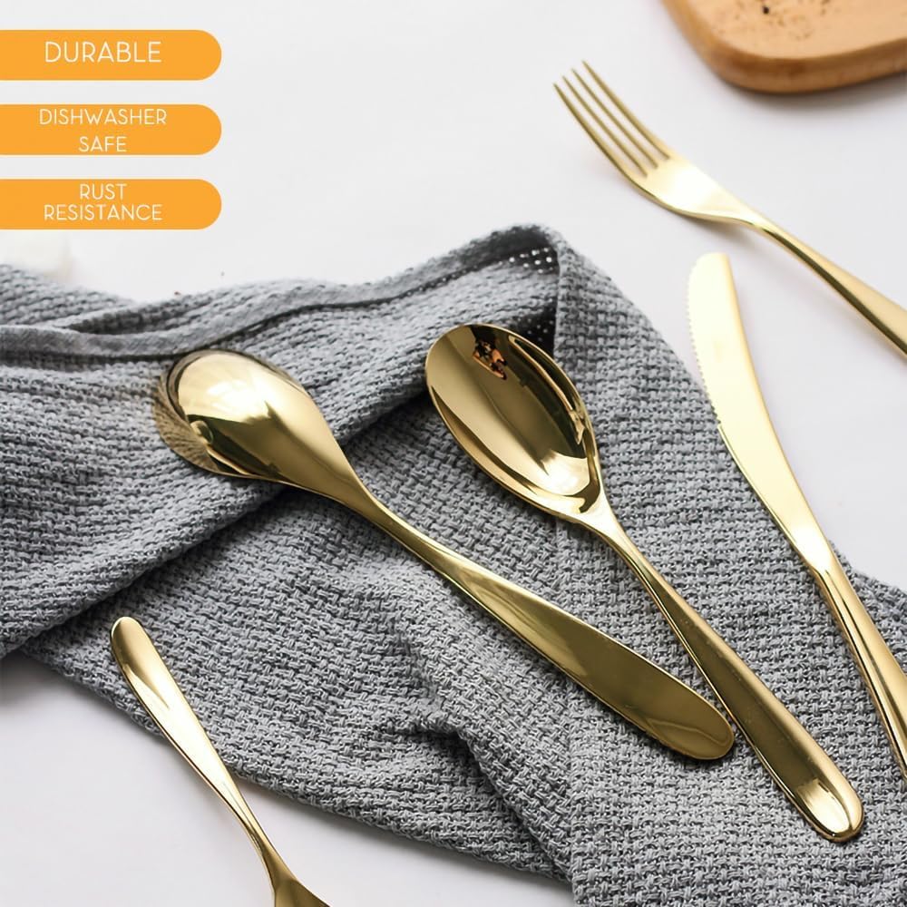 Ensemble d'argenterie 5 pièces Couteau Fourchette cuillère Ensemble de Couverts en Acier Inoxydable Miroir Poli fourchettes à dîner Ensemble de Couverts en Or Poli