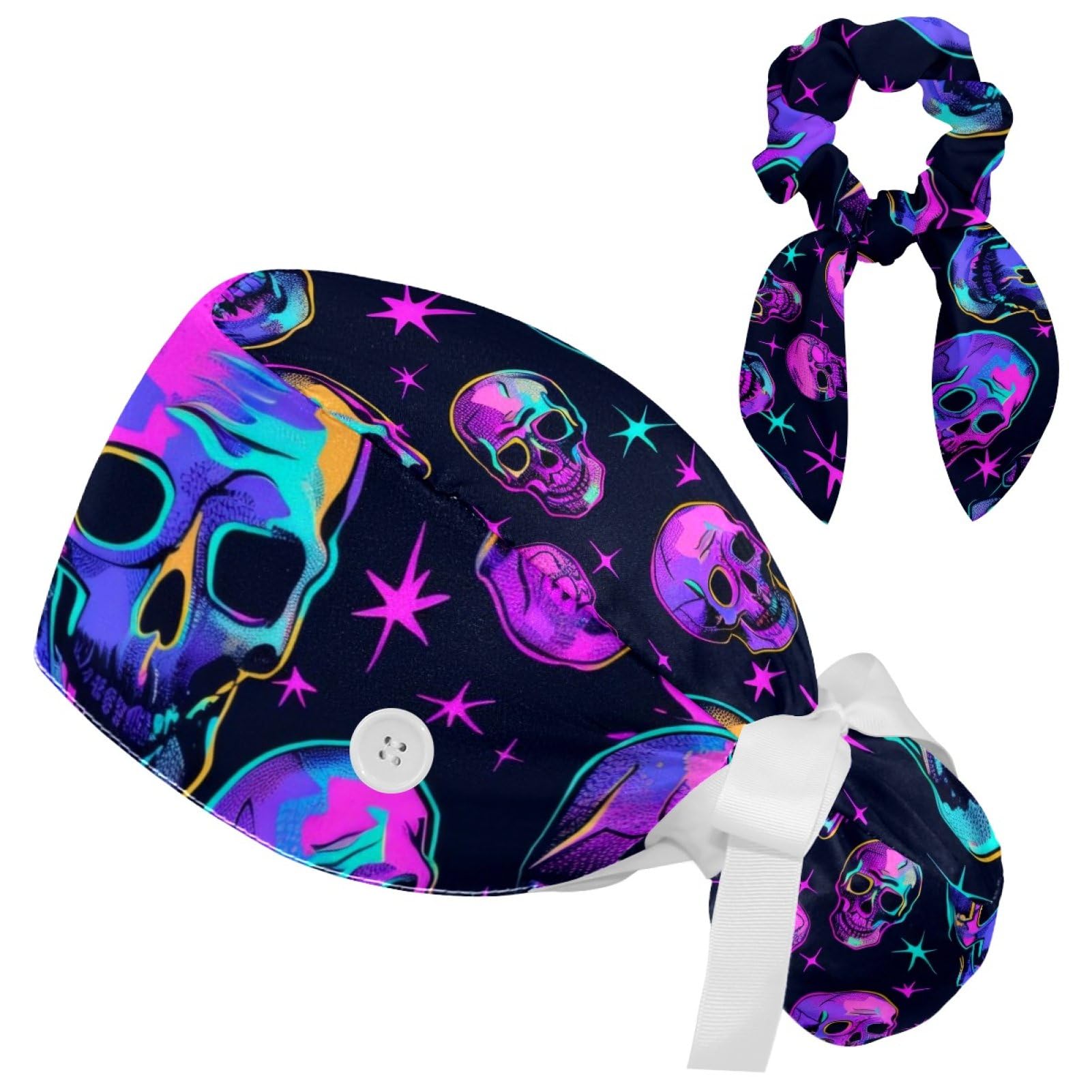 Women’s Working Cap Scrub Hats with Bow Scrunchies, Skeleton Pattern Bouffant Surgical Cap Ponytail Holder