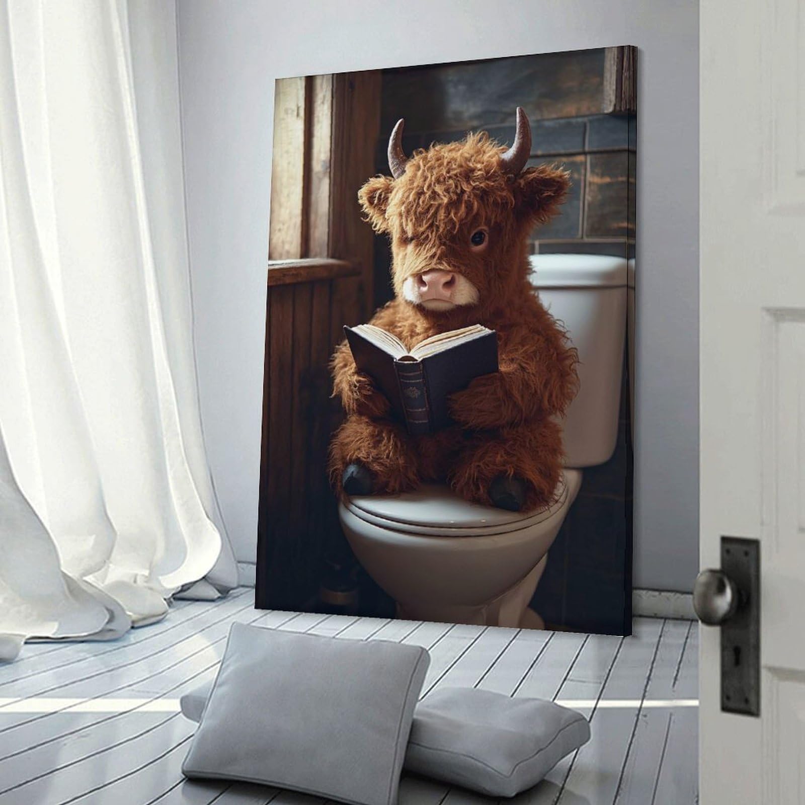Junmoney Frame-Style-18 Wall Decor Canvas Print Highland Cow Reading A Book On Toilet, 20X30inch(50X75cm), For Sofa Walls, Lounge Or Home Corners, Modern Wall Decor For Cosy Interiors