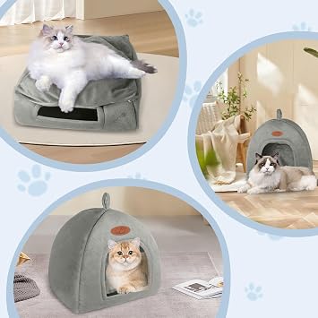 2-in-1 Cat House and Pet Bed for Indoor Pets - Small Dog or Kitten Cave Tent with Removable Machine Washable Pillow Cushion (Grey)