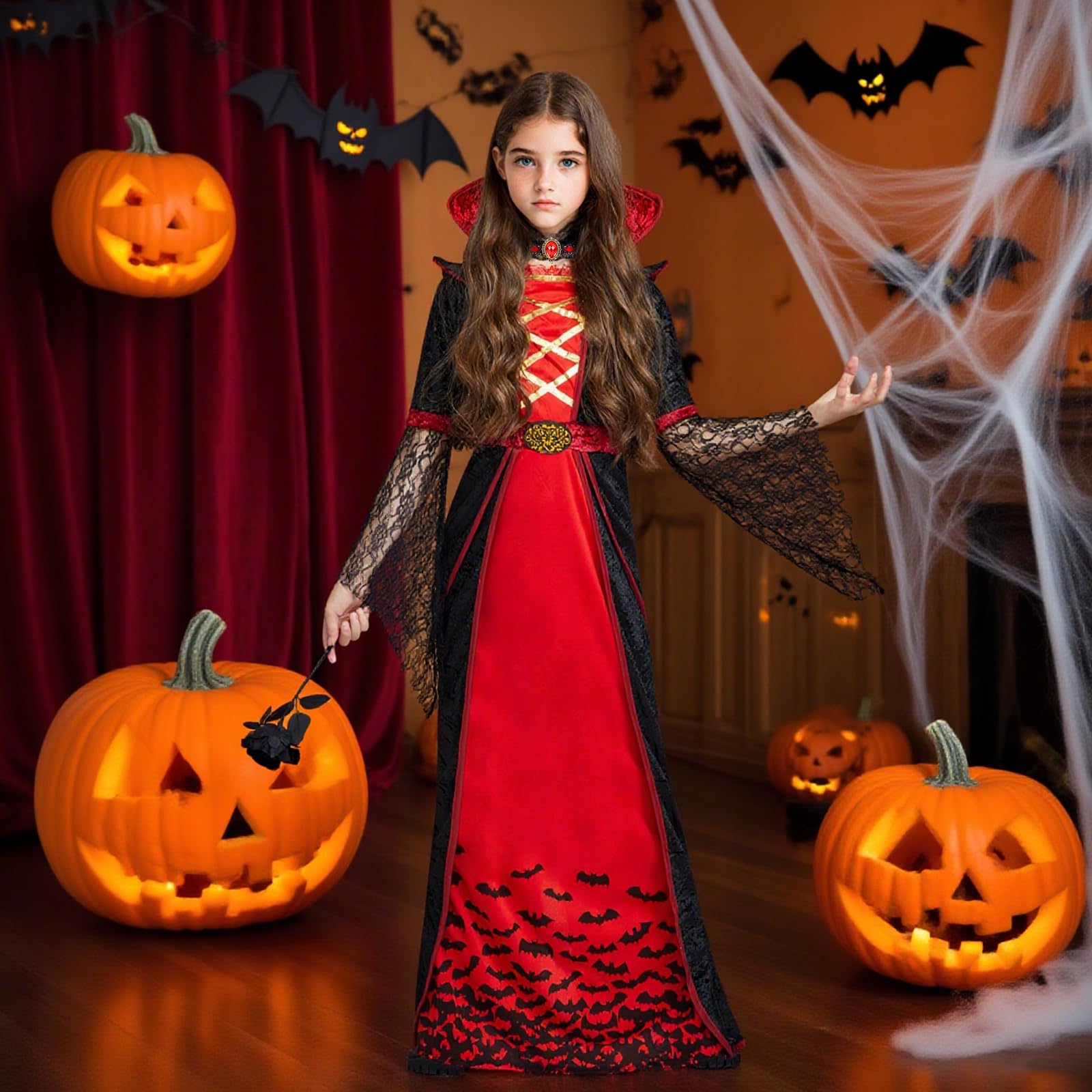 Clundoo Girls Gothic Vampire Costume Halloween Set for Girls Vampiress Queen Dress Up Party, Vampire Costume for Kids (M) - Image 4