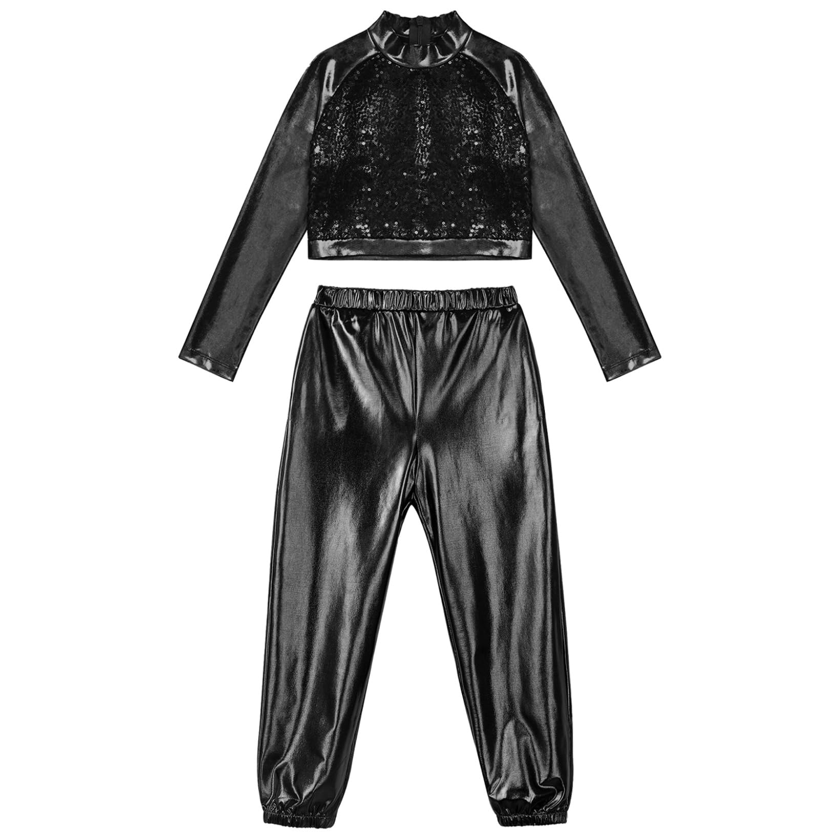 JanJean Kids Girls 2Pcs Dance Tracksuit Shiny Metallic Crop Top with Athletic Sweatpants Jazz Hip Hop Jazz Dance Costume Black 6 Years
