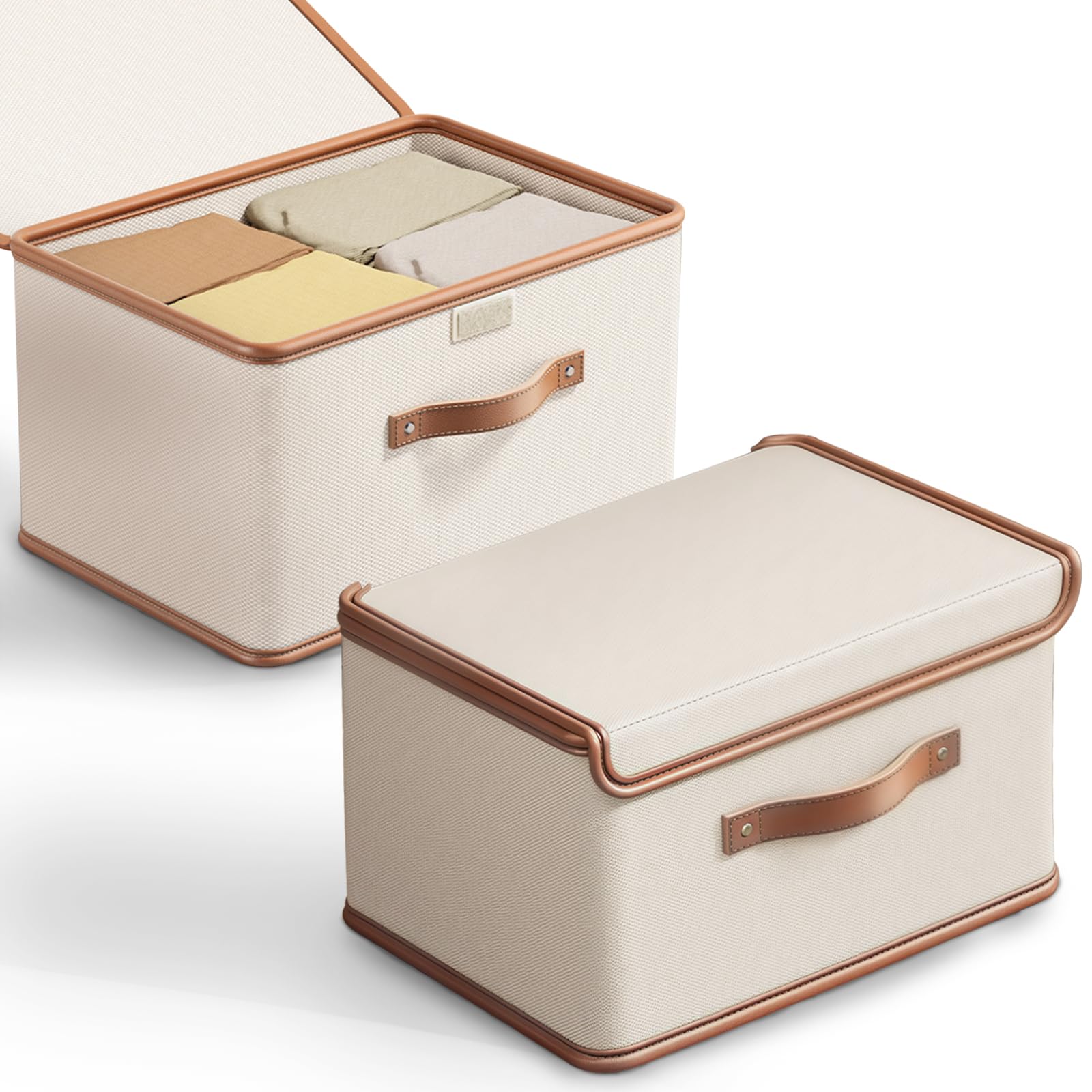 2 Pack Large Fabric Storage Bins with Lids, Collapsible & Stackable Closet Organizer Box with Handles, Decorative Cube Storage for Clothes, Books, Files, Wardrobe, Shelves, Home, White, 37x27x26cm