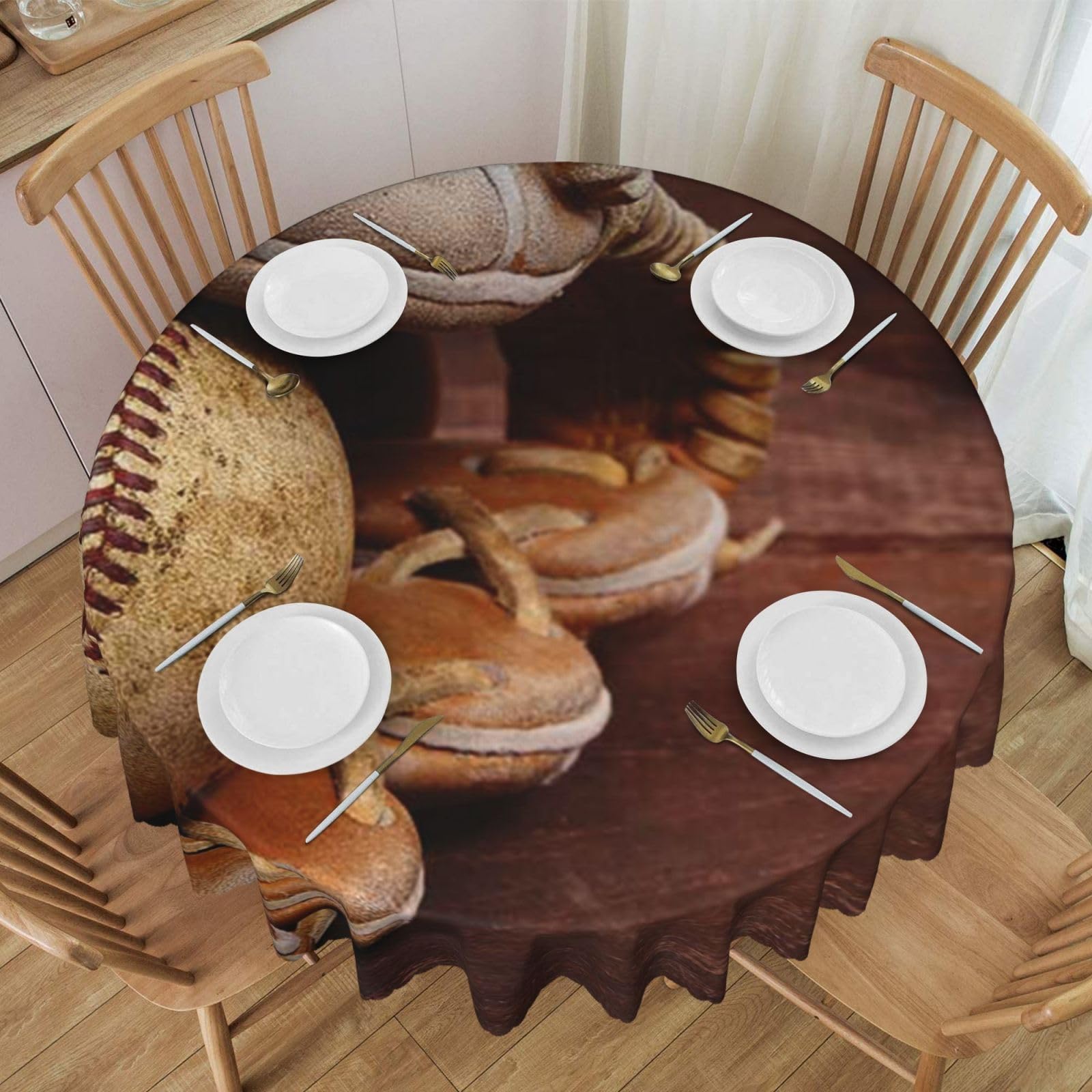 DCEHGEW 60 In Round Tablecloth with Lace, Retro Baseball Printed Oilproof & Washable Fabric Picnic Table Cloth Table Covers