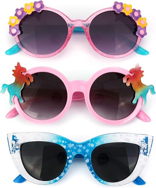 Hifot 3 Pieces Kids Sunglasses, Unicorn Round Shaped Snowflake Cute Party Dress up Glasses for Girls Boys Age 3-10