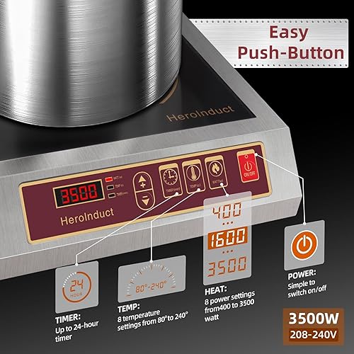 Miniatura 3 de Estufa de inducción portátil 208-240V 3500W Gama comercial Quemador de encimera Módulos IGBT duales 8 Nivel de Calefacción Sensor Temporizador Botón