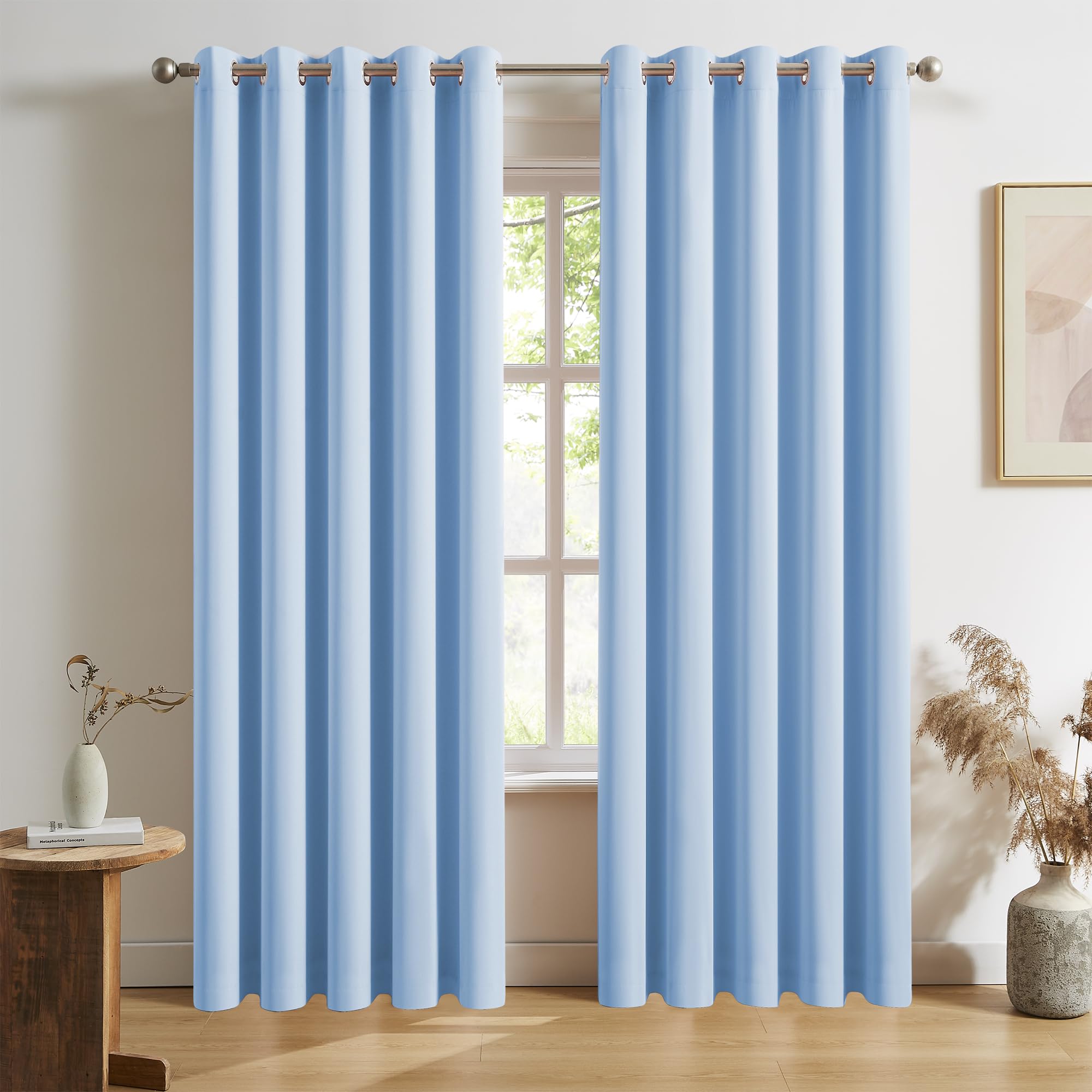 DUALIFE Extra Long 120 Inch Length Curtains for Patio Door Nursery Sky Blue Soild Room Darkening Drapes Grommet Top Blackout Curtains Panels 60 inches Wide 2 Pieces Cerulean