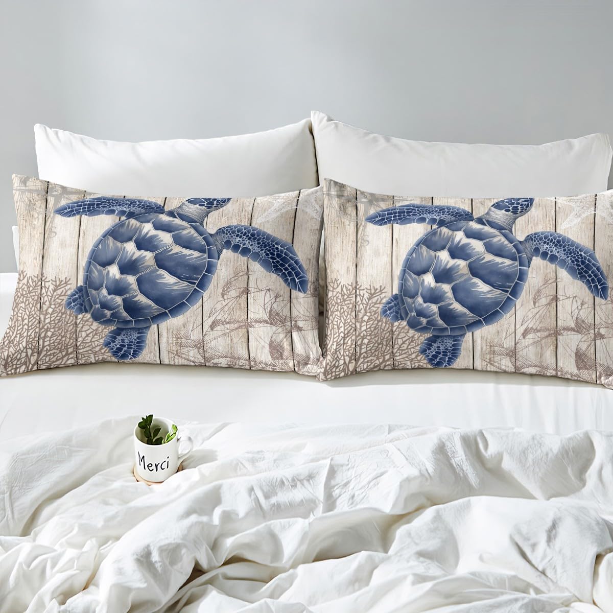 Sea Turtle Duvet Cover Toddler,Navy Ocean Animals Comforter Cover with 1 Pillowcase,Nautical Ocean Compass Bedding Set 2pcs for Kids Boys Girls,Coastal Farmhouse Style Quilt Cover,Not Comforter