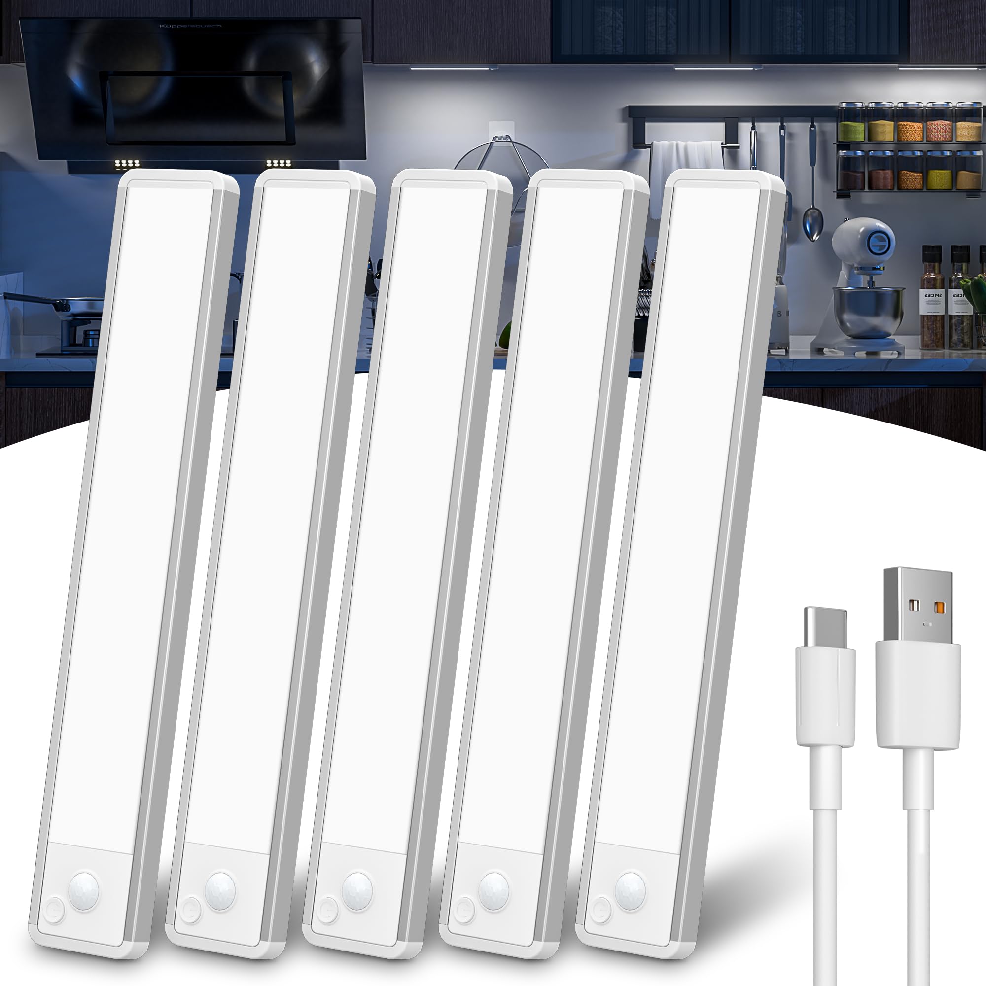 GWULC Under Cabinet Kitchen Lights LED - 20CM Cupboard Light Motion Sensor USB-C Rechargeable 5Pcs