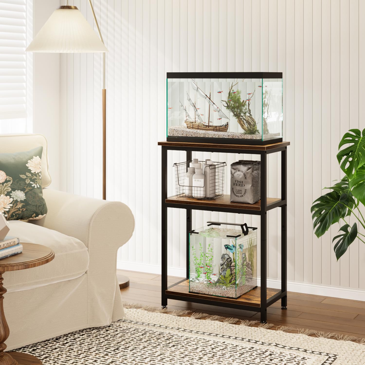 APPLOYN Aquarium-Ständer mit 3-stöckigem Aufbewahrungsregal, robuster Metallrahmen für Schildkröten, Reptilien, Terrarium, für Wohnzimmer, 52,1 x 29 x 29,5 cm (L x B x H), Vintagebraun