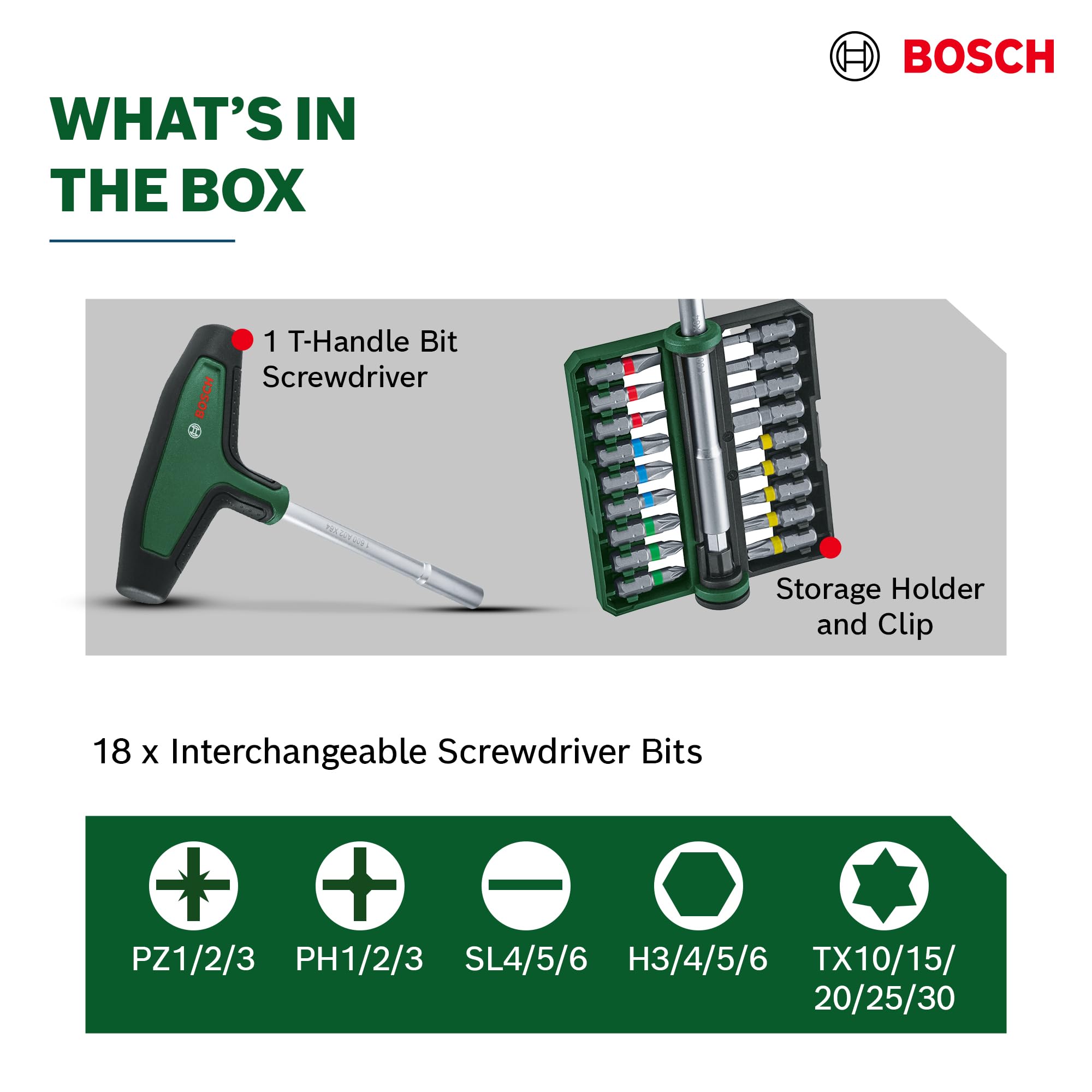 Bosch 19-częściowy zestaw z wkrętakiem (z rękojeścią typu T) (Akcesoria Narzędzi Ręcznych)